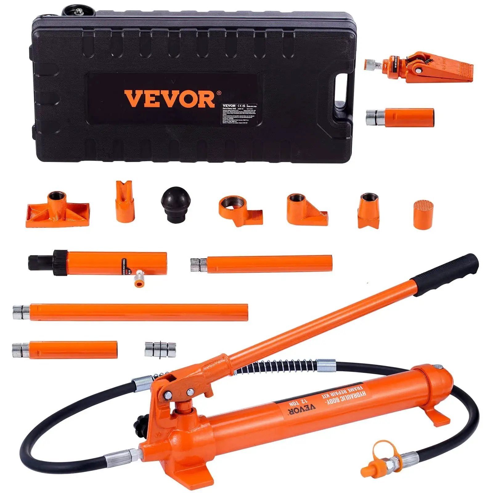12 Ton Porta Power Kit With Hydraulic Ram And Pump 4.6 Ft Oil Hose Portable, components and carrying case displayed
