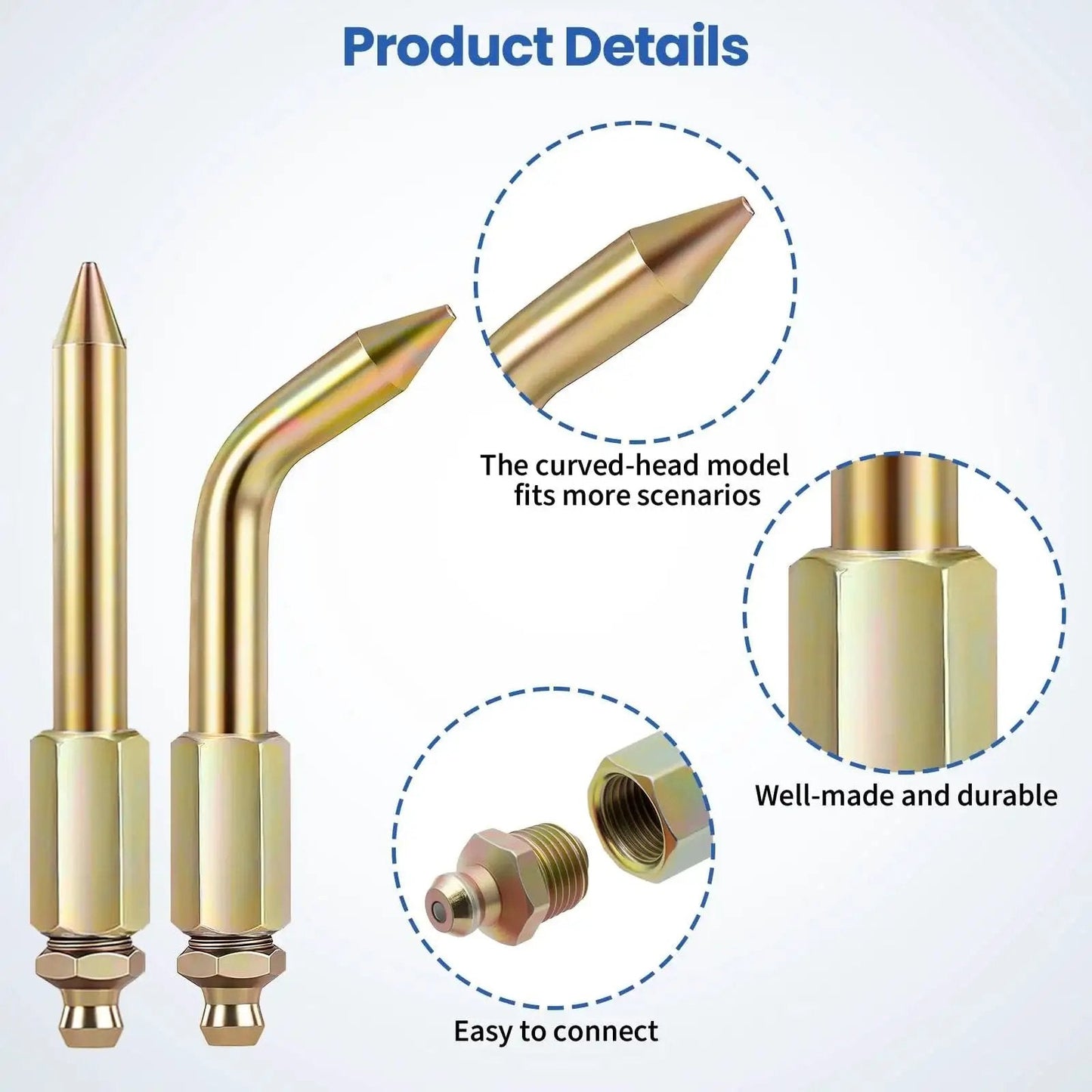 7 Piece Grease Gun Needle Tips Accessories Kit Set With Straight And Curved Nozzles Rubber Joint Detachable Injector Coupler Elbow Fittings 2 Heavy Duty Dispensers Great For Narrow Tight Small Confined Spaces, showing two nozzle tips, including straight and curved.