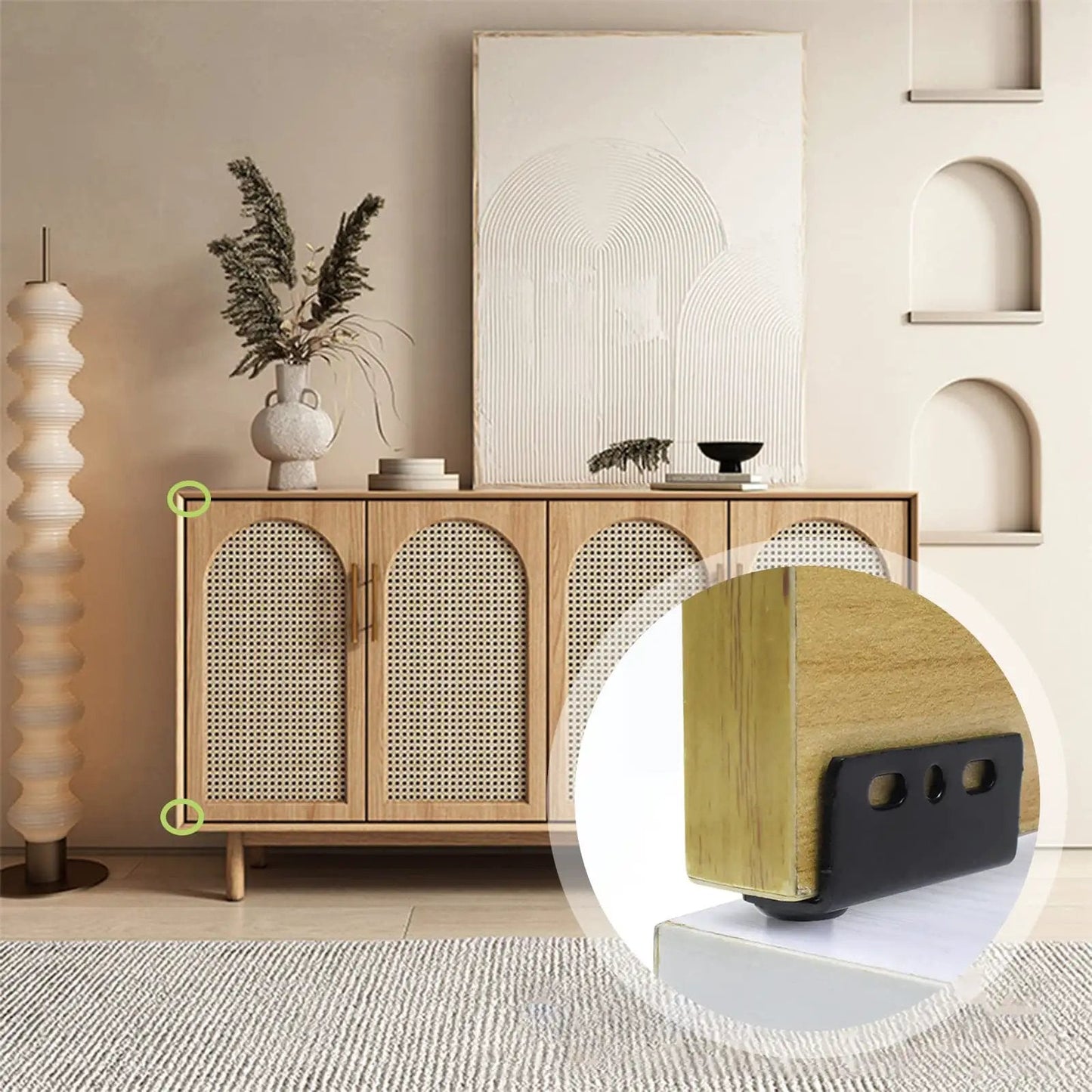 Concealed Shaft Cabinet Door Pivot Hinges in Iron Black, installed on wooden cabinet door, showing low profile design and durability.