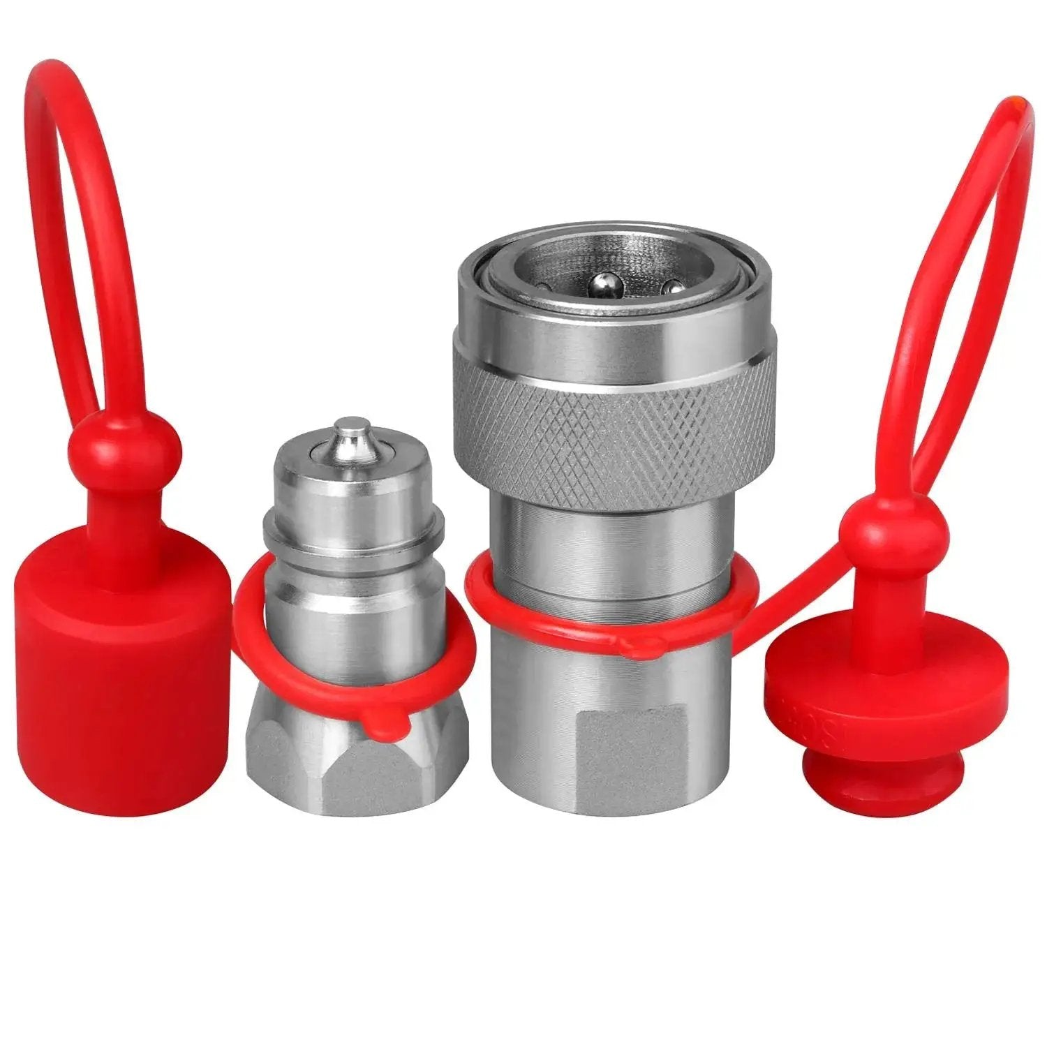 Half Inch Ag Hydraulic Quick Connect Tractor Couplers with Dust Caps Pioneer Style ISO 5675 on white background