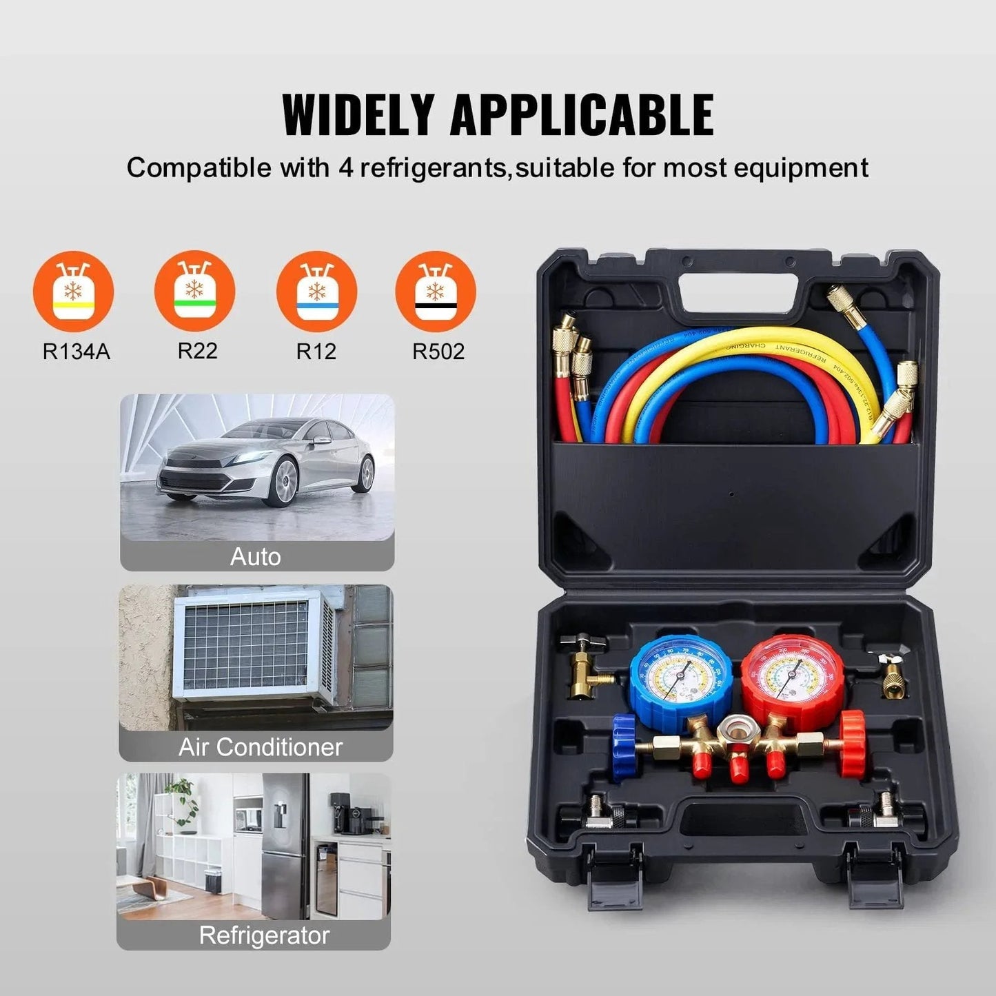 Three Way Car AC Manifold Gauge Set For R134A R22 R12 R502 With 5 Ft Hoses and couplers shown in black case