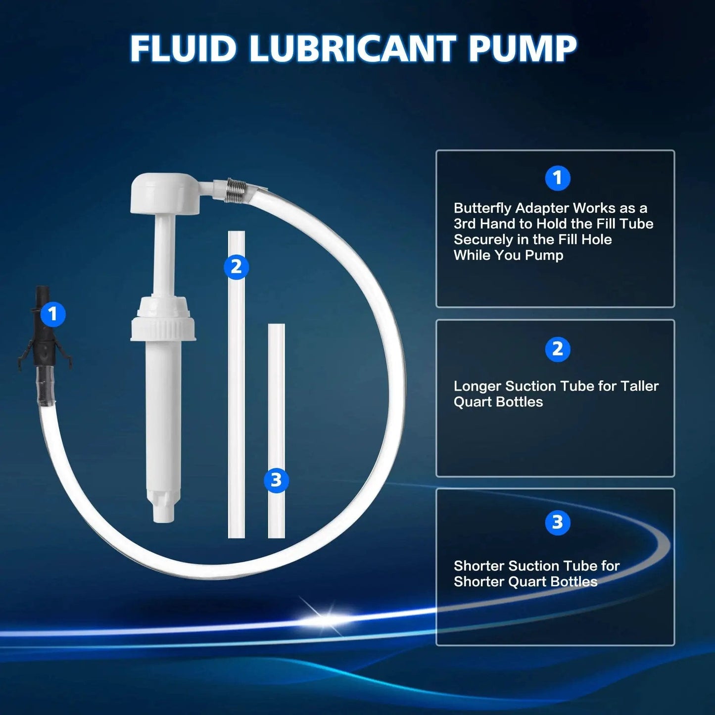Quart Fluid Pump With 10cc Stroke And Third Hand Adapter For Transmission Fluids, shown with suction tubes and butterfly adapter.