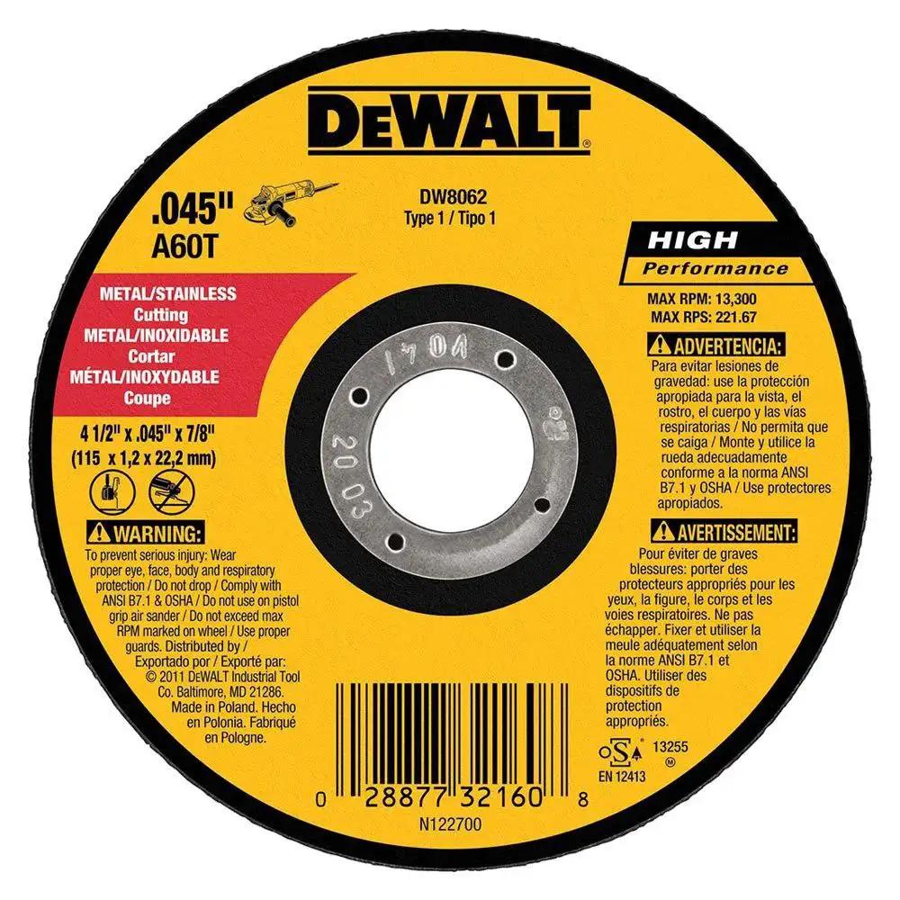 Rugged Workhorse Metal Cutting Thin Cutoff Wheels For 4-1/2 Inch Angle Grinders, 0.045 Inch Thick, 7/8 Inch Arbor, Aluminum Oxide Grain For Aggressive Burr-Free Cuts, Long-Life Discs, 10 Pack DeWalt - front view showing label and specifications