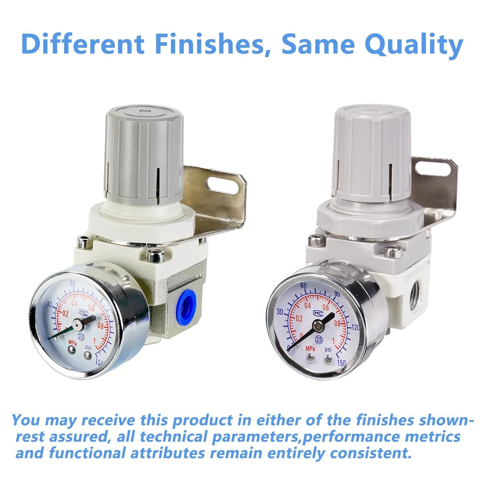 Two Pro Grade Air Regulators For Compressors With 0.25 Inch Port, 0 To 150 PSI Gauge Bracket Included, and Electroplated Dial