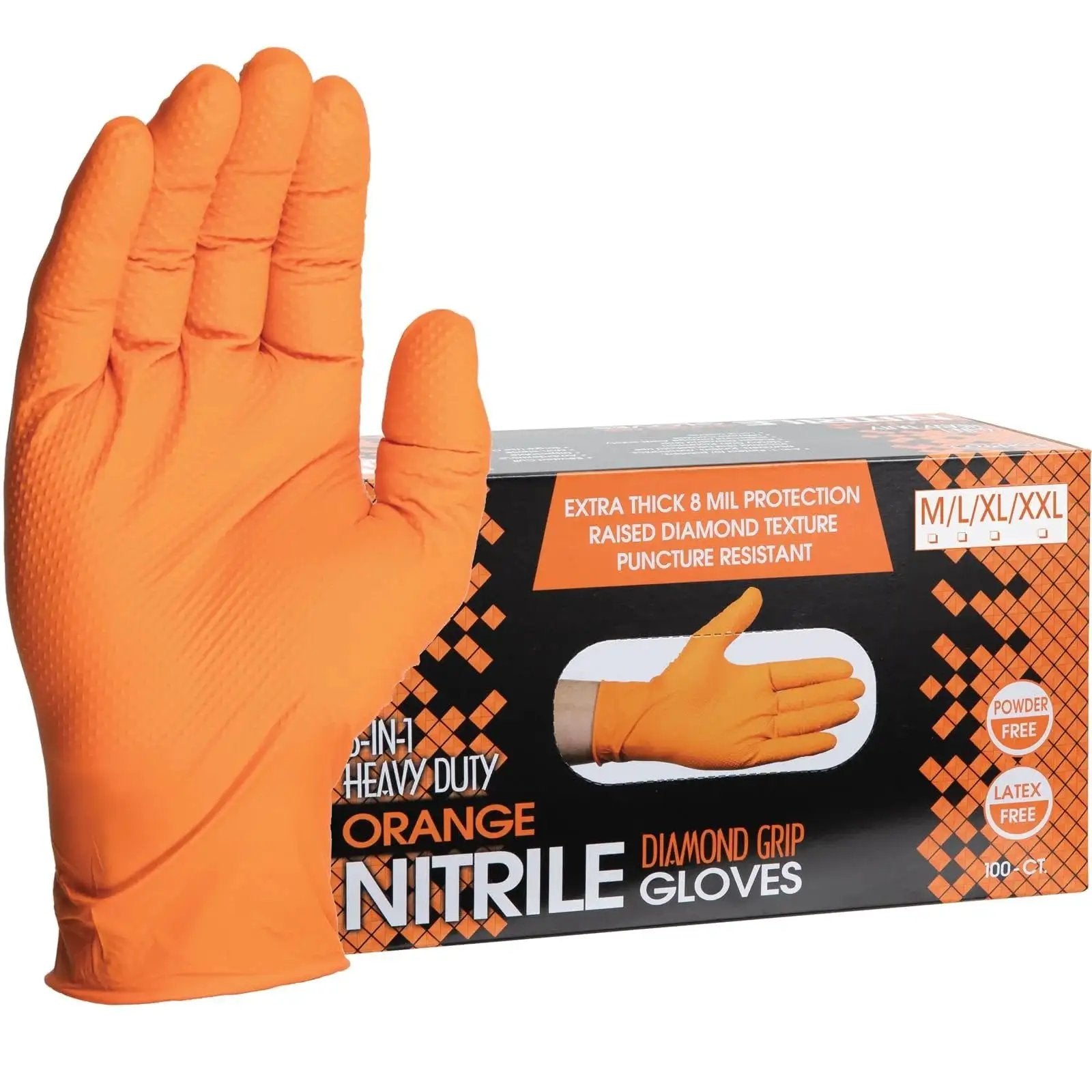 Heavy Duty Nitrile Gloves 8 Mil Diamond Grip Latex Free Orange XXL 100 Count box with glove front view