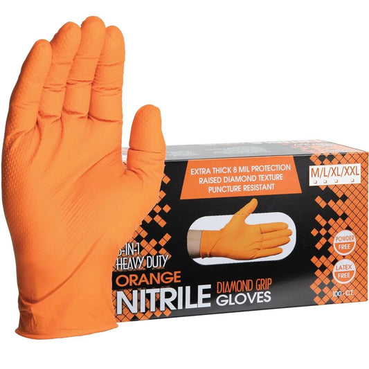 Heavy Duty Nitrile Gloves 8 Mil Diamond Grip Latex Free Orange XXL 100 Count box with glove front view