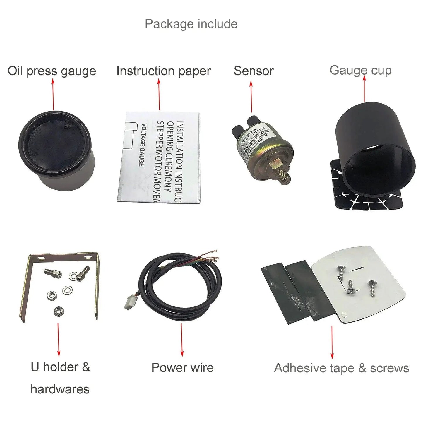 Oil Pressure Gauge 52mm 2 Inch Digital LED Display with 1 8 NPT Male Thread Sensor and Cup Included, package components image