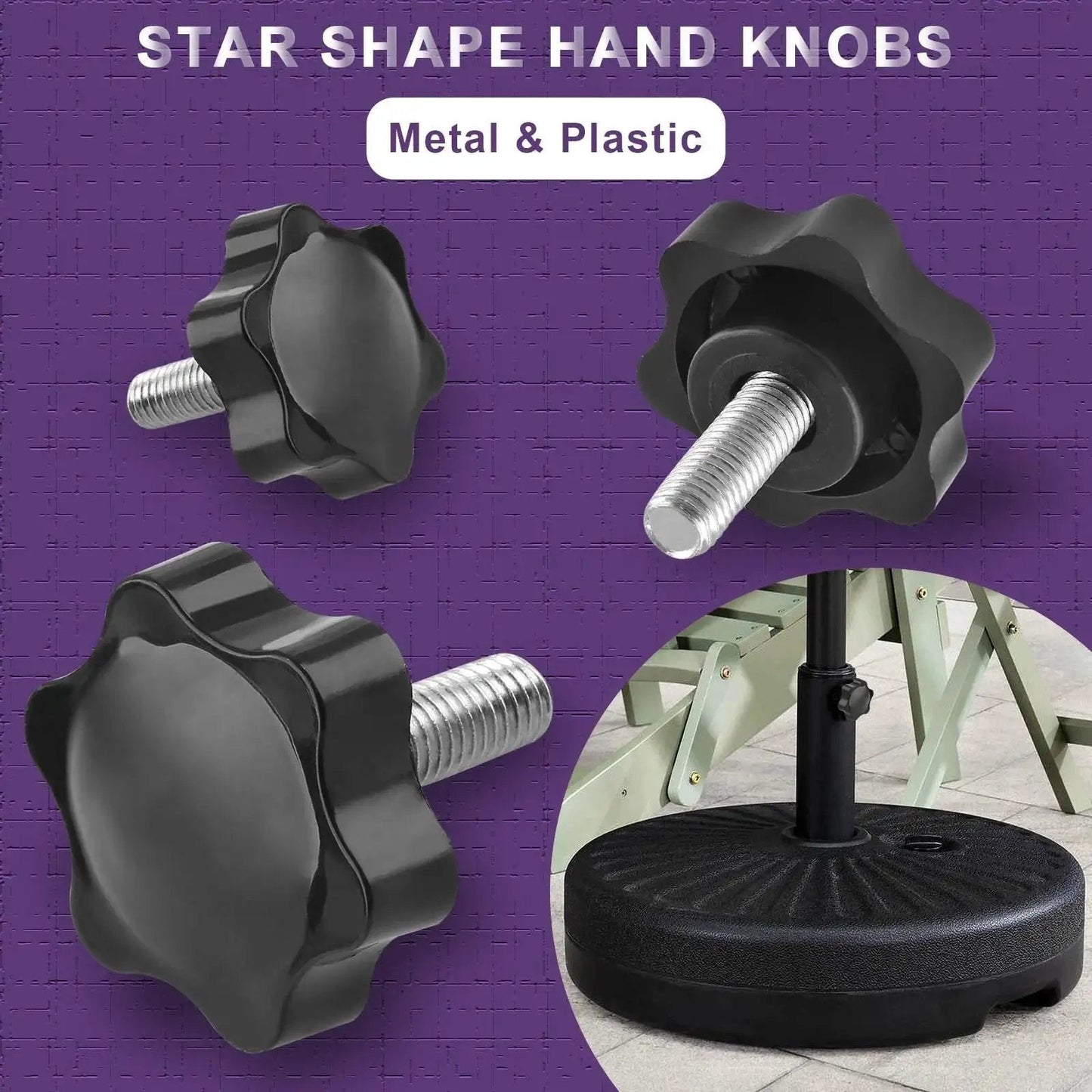 Six Pack M6 30mm Thread Star Knobs Hex Clamping Handles For Umbrella Base in metal and plastic, shown with umbrella base