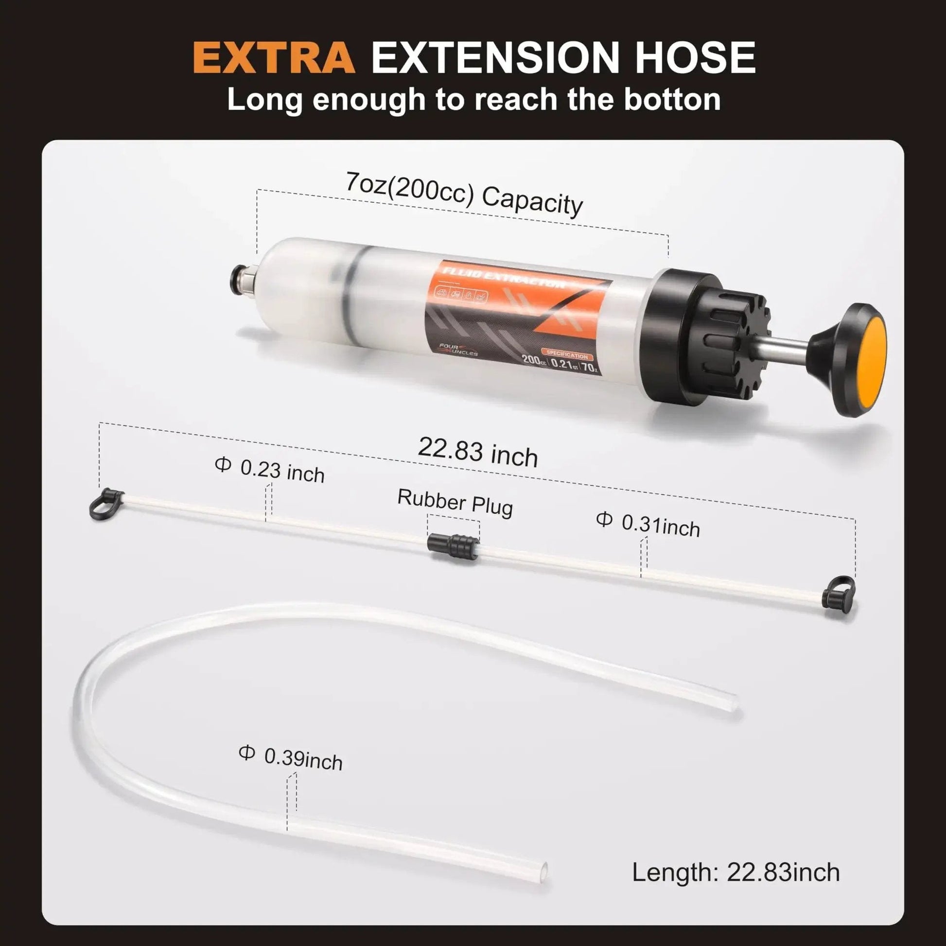 200cc Fluid Extractor And Fill Pump For Automotive Use With 23 Inch Reach Hose, showing pump and extended hose details