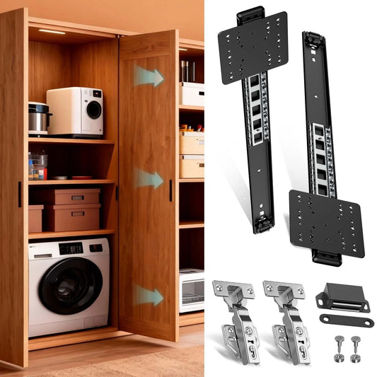 16 Inch Pocket Door Slides With Hinges For Cabinets, Space Saving Sliding System, Complete Installation Kit Including 2 Pocket Door Slides, 2 Clip On Hinges, Drill Bit, Set Screws And Hardware, Durable Whisper Quiet Glide With Steel Ball Bearings