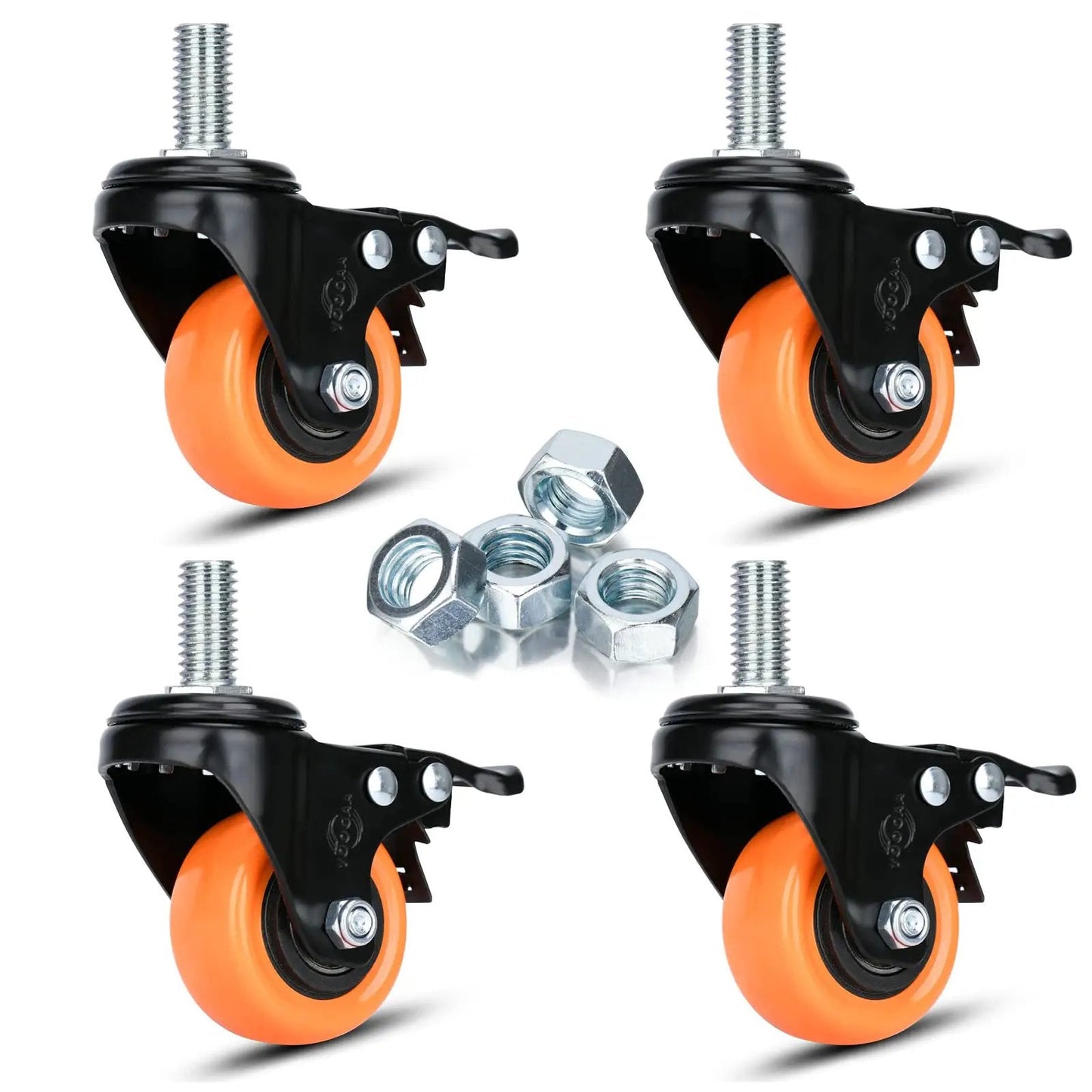 Caster Wheels 2 Inch Swivel Set Of Four Heavy Duty 600 Lbs Per Caster Half Inch 13 Threaded By One Inch Shafts Dual Locking Industrial Castors Smooth Quiet With Brakes For Cart And Equipment