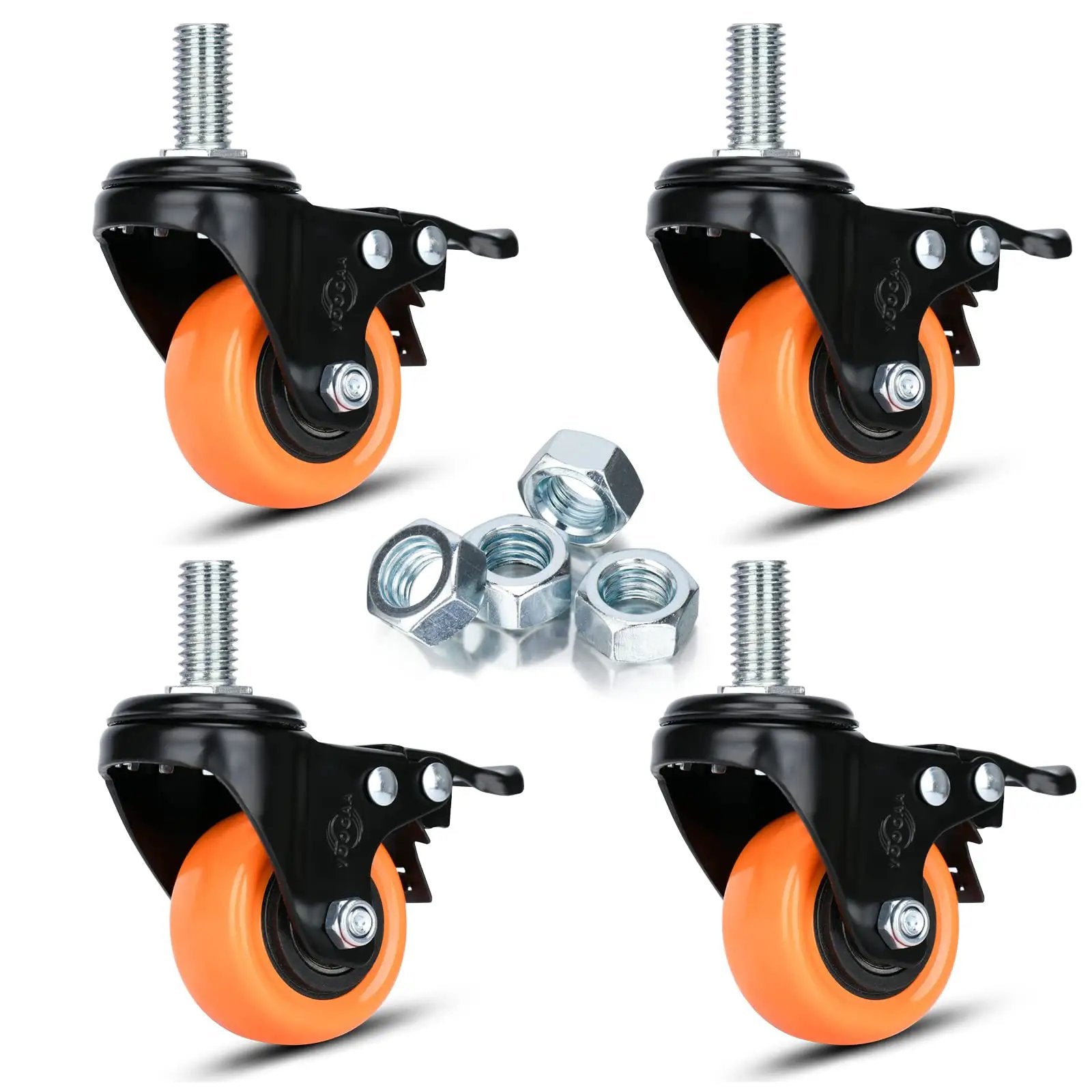 Caster Wheels 2 Inch Swivel Set Of Four Heavy Duty 600 Lbs Per Caster Half Inch 13 Threaded By One Inch Shafts Dual Locking Industrial Castors Smooth Quiet With Brakes For Cart And Equipment