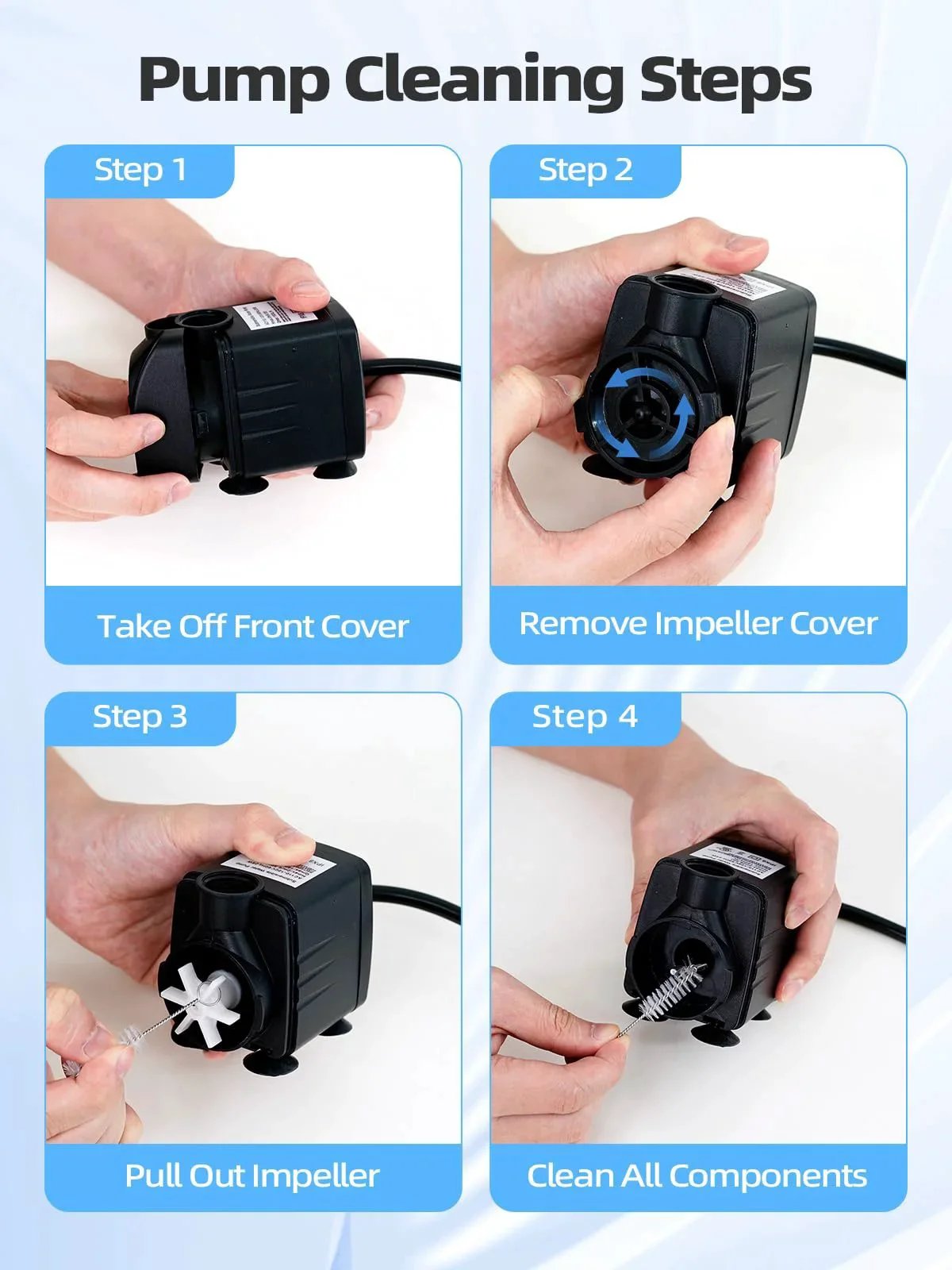 Steps for cleaning Ultra Quiet 400GPH Submersible Water Pump For Pond, Fountain, Aquarium, And Hydroponics with lift and hose