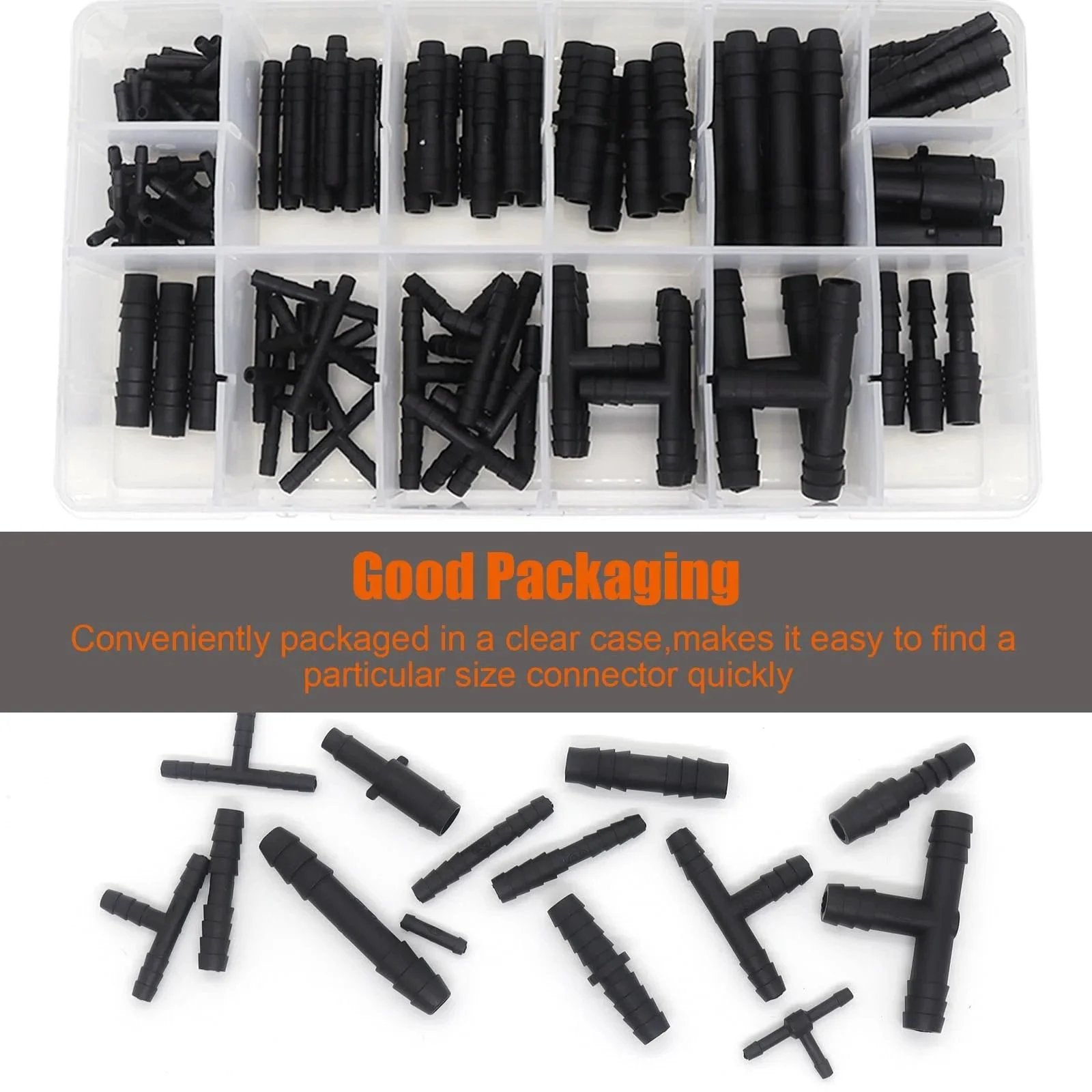 Pro Grade Nylon Black Vacuum Hose Connector Kit For Cars 119-Piece Heat Resistant To 240C 460F 14 Sizes in Clear Box