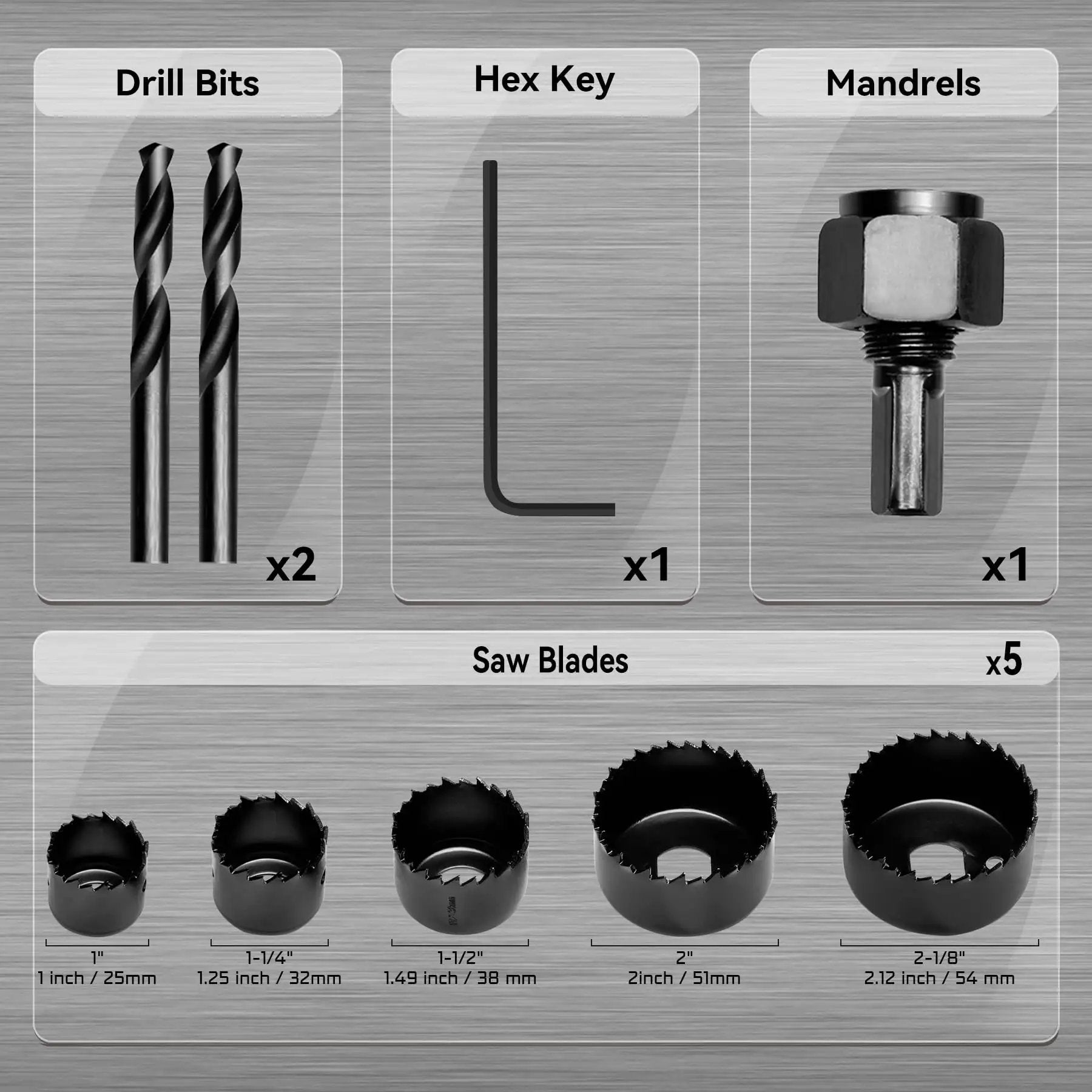 Components of 8 Piece Hole Saw Kit With Case 1 To Two And One Eighth Inches Includes Five Saw Blades Mandrel Two Drill Bits And Hex Key