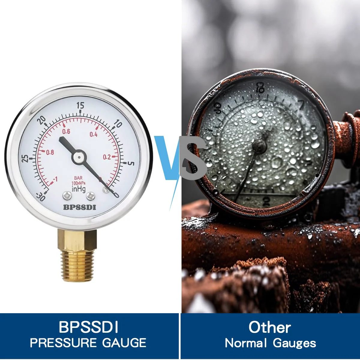 Rugged Vacuum And Pressure Gauge With 2.5 Inch Dial For Pneumatic Air Compressors RV Regulators And Testers, 30 InHg Vacuum, Psi And Bar