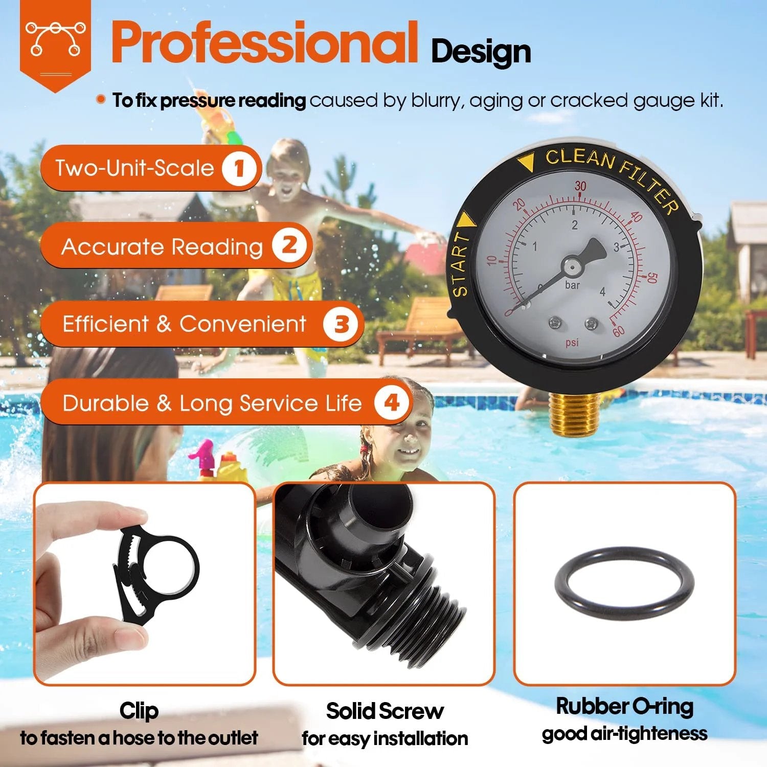 High Flow Manual Relief Valve With Air Relief And Pressure Gauge For Pool And Spa Filters Replacement For Warrior EasyClean Aboveground Clean And Clear FNS Series SMBW 2000 4000 Pro Grade Gear 1 Pack 98209800, featuring pressure gauge close-up, clip, screw, and O-ring.
