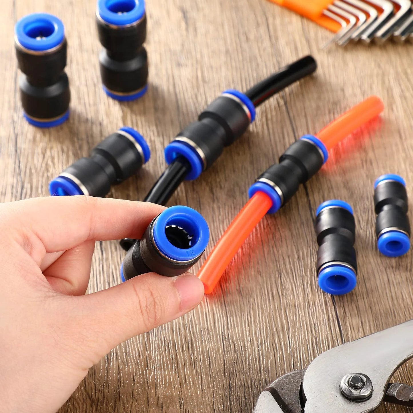Push To Connect Air Hose Fittings Kit 100 Pieces Straight Pneumatic Quick Release Connectors for 4-12 mm tubing shown