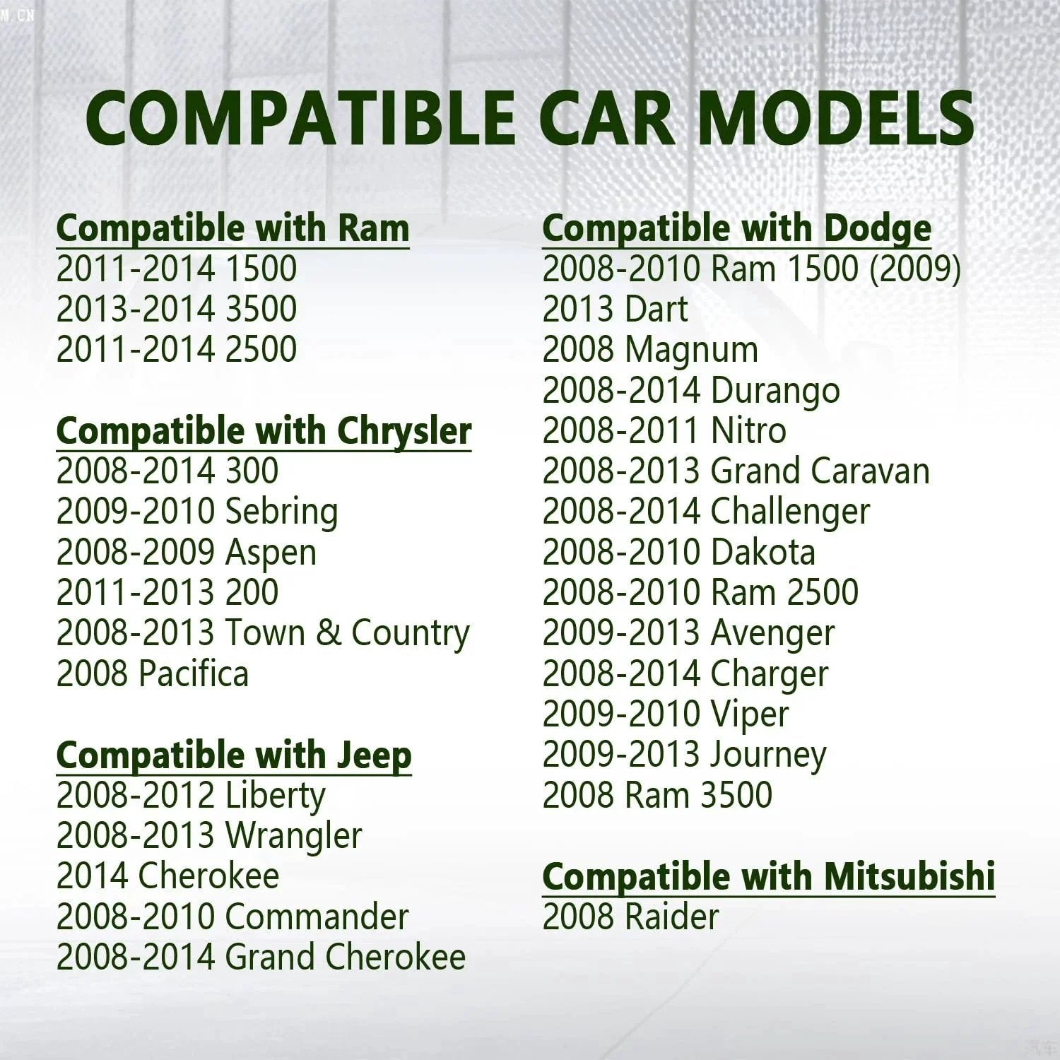 Image showing text list of car models compatible with Engine Coolant Temperature Sensor Replacement for Chrysler Jeep Dodge Ram Durango Grand Cherokee OEM 5149077AB 514909AB SU13812 SU13813 TX195 Compatible With Ram 1500 2500 3500 2011 to 2014 and Chrysler 2008 to 2014 Sebring Aspen Town and Country.