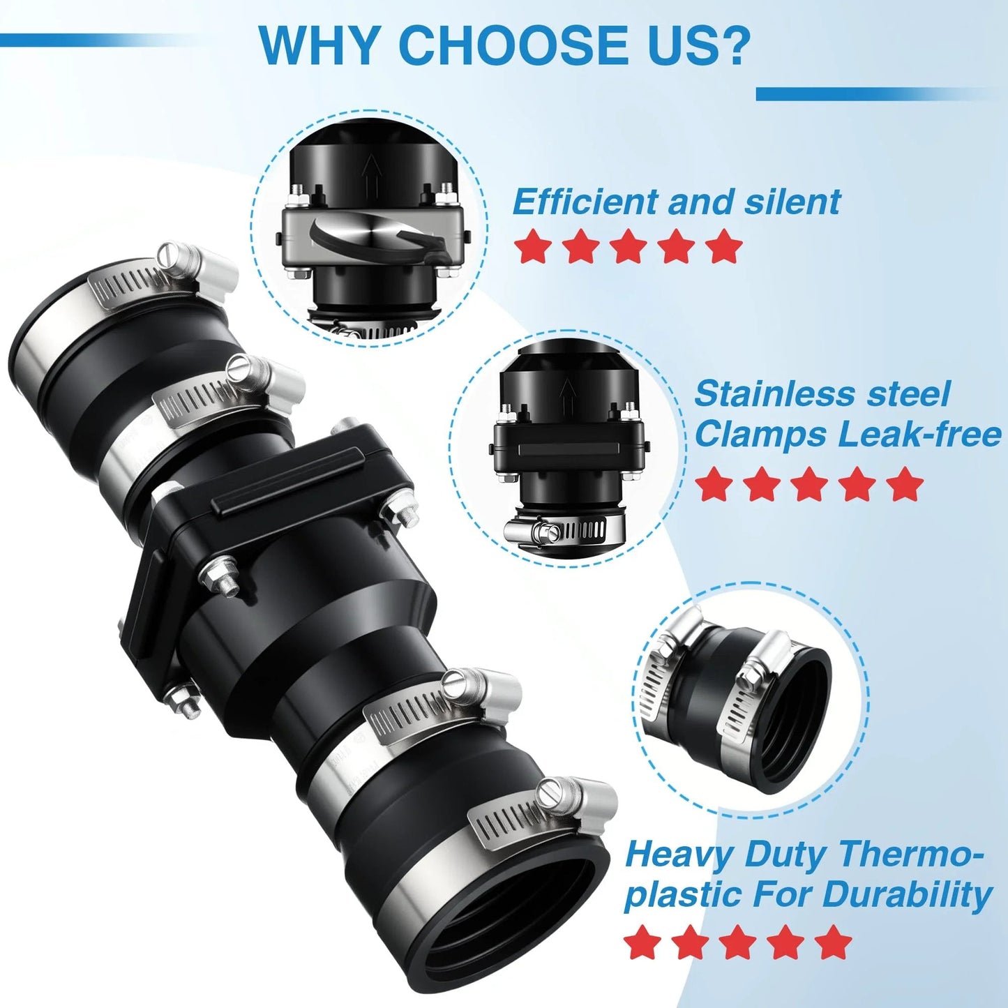 Universal Sump Pump Check Valve fits 1-1/2 inch or 1-1/4 inch pipe slip on valve with 4 stainless steel hose clamps.