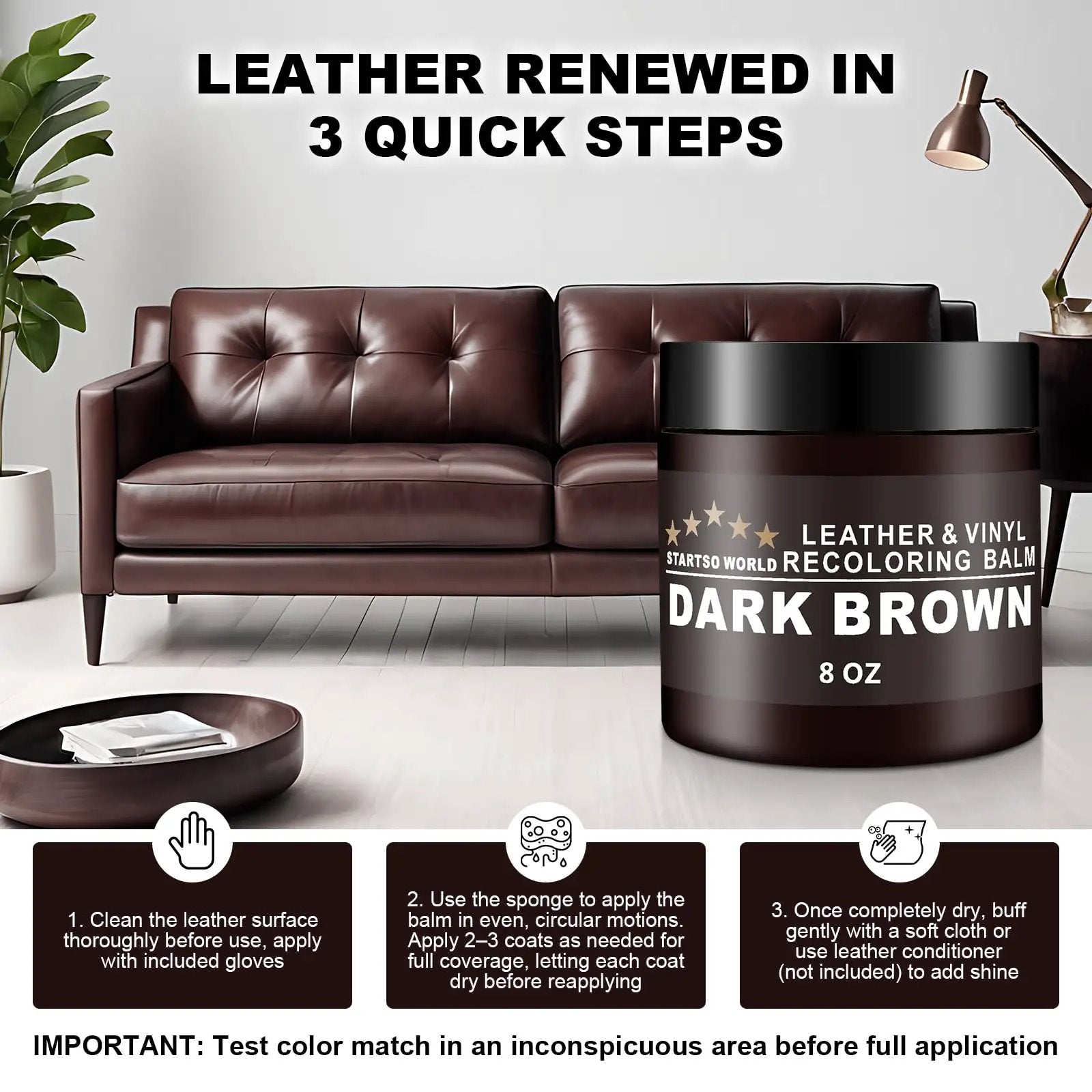 Leather Recoloring Balm For Dark Brown Furniture Repair Kit Leather Dye And Color Restorer For Couches, 8 oz jar on dark brown couch.