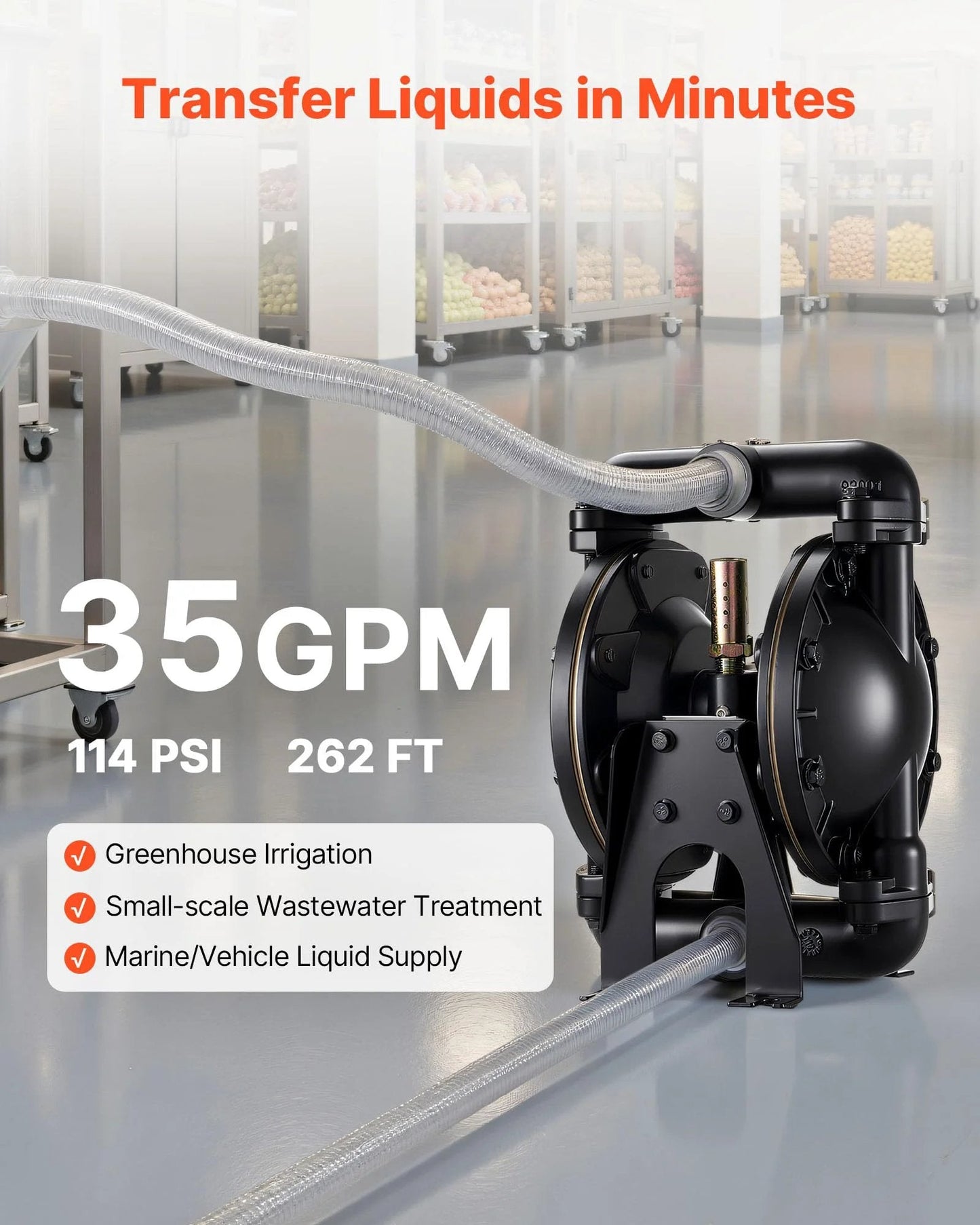 Air Operated Double Diaphragm Pump For Oil And Fuel Transfer, 35 GPM, 1 Inch Inlet And Outlet, Max 114 PSI, black body