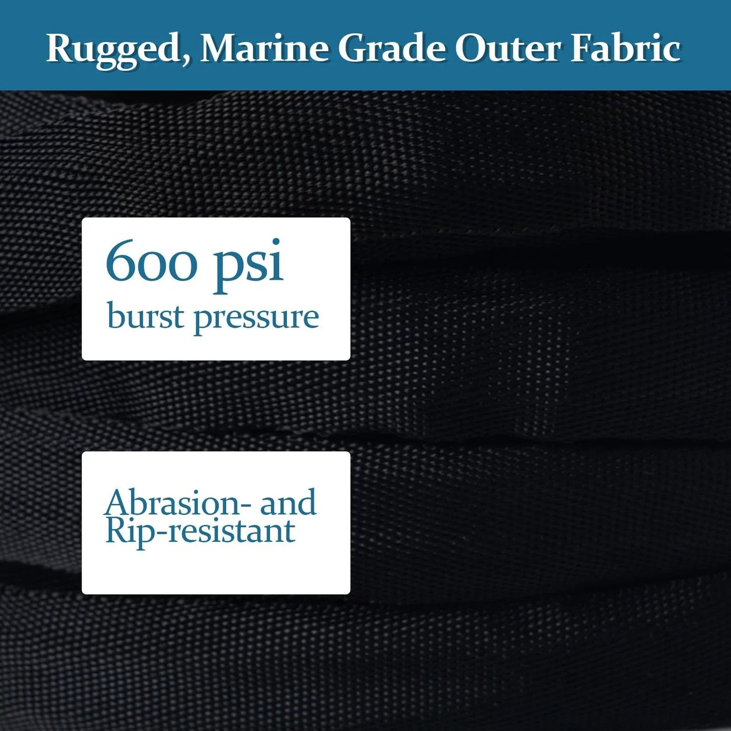 Close-up of Ultra Flexible TPE Garden Hose 50 Feet With Solid Brass Fittings for All Weather Use, showing 600 psi burst pressure and marine grade fabric.