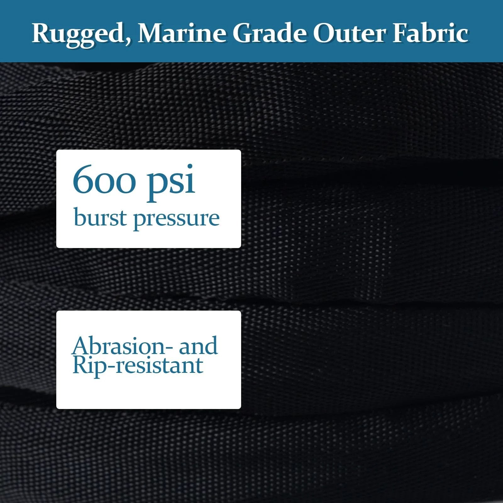 Close-up of Ultra Flexible TPE Garden Hose 50 Feet With Solid Brass Fittings for All Weather Use, showing 600 psi burst pressure and marine grade fabric.