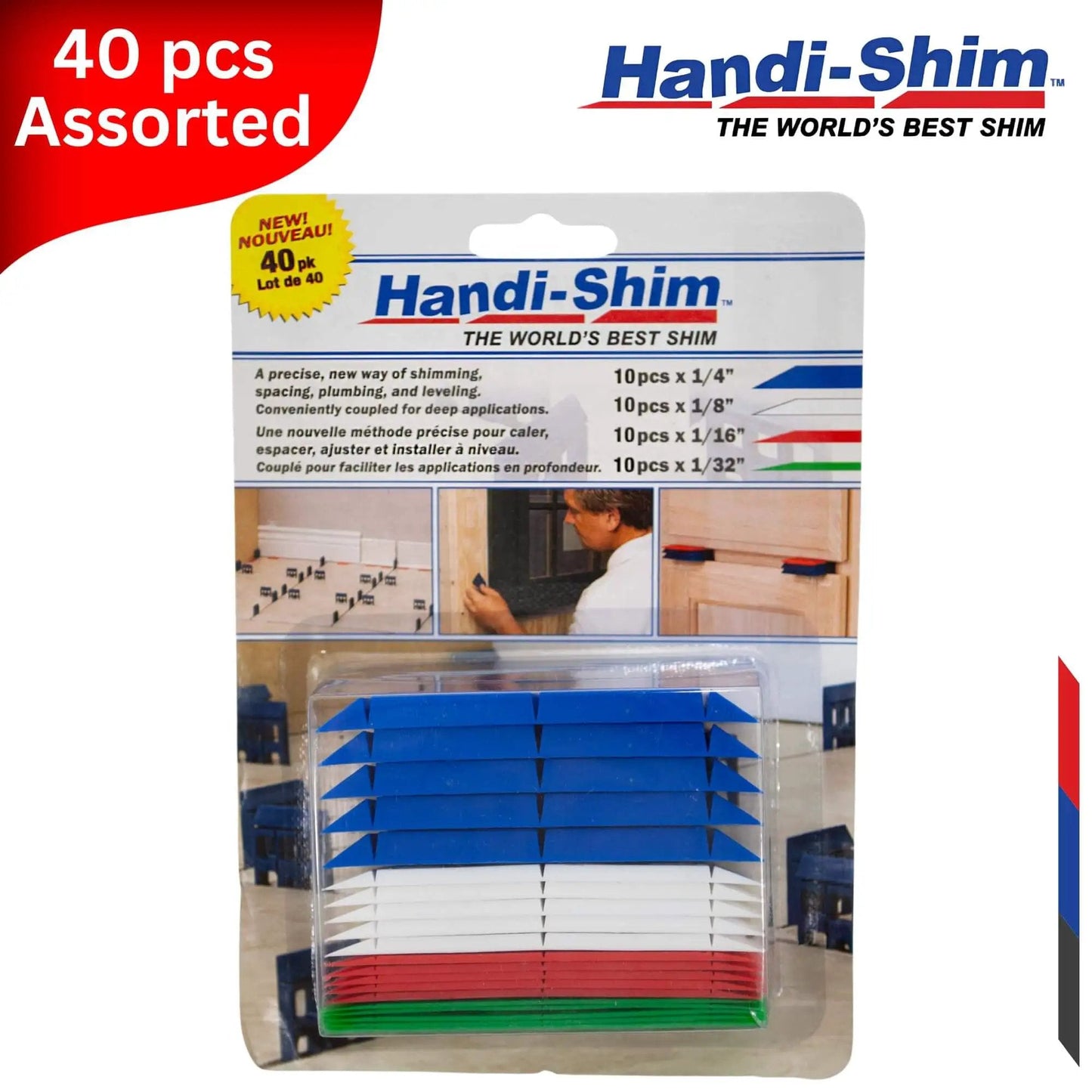 Heavy Duty Reusable Plastic Construction Shims For Spacing And Leveling, 40 Piece Assorted Pack In Four Sizes One Thirty Second Inch One Sixteenth Inch One Eighth Inch One Quarter Inch Ideal For Deep Applications Handi Shim