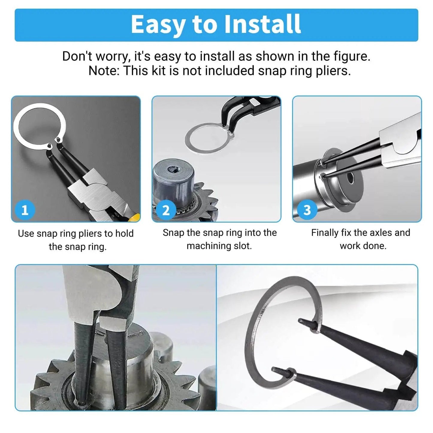 Installation of 46mm External Circlips OD 304 Stainless Steel C Clip Retaining Rings using snap ring pliers.