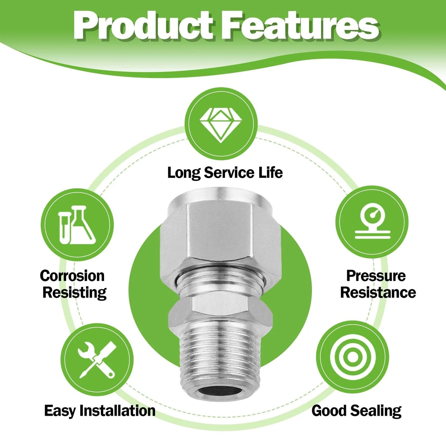 Premium 304 Stainless Steel Compression Adapter Pack Of Two For Three Quarter Inch Outer Diameter To Three Quarter Inch NPT Male Tube Fittings Built To Last In Water Oil And Air Lines Goldpea features.