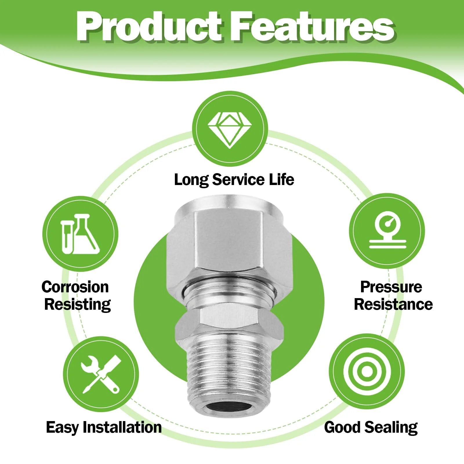 Premium 304 Stainless Steel Compression Adapter Pack Of Two For Three Quarter Inch Outer Diameter To Three Quarter Inch NPT Male Tube Fittings Built To Last In Water Oil And Air Lines Goldpea features.