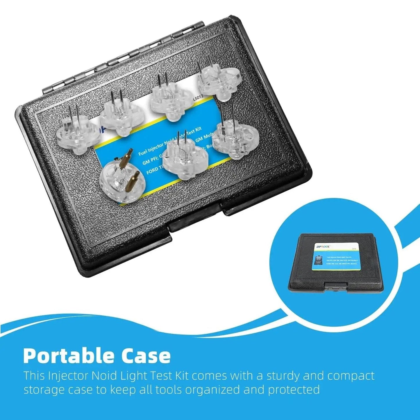 Fuel Injector Noid Light Test Kit For GM Ford Bosch PFI TBI IAC Troubleshooter in compact portable case with tools displayed.