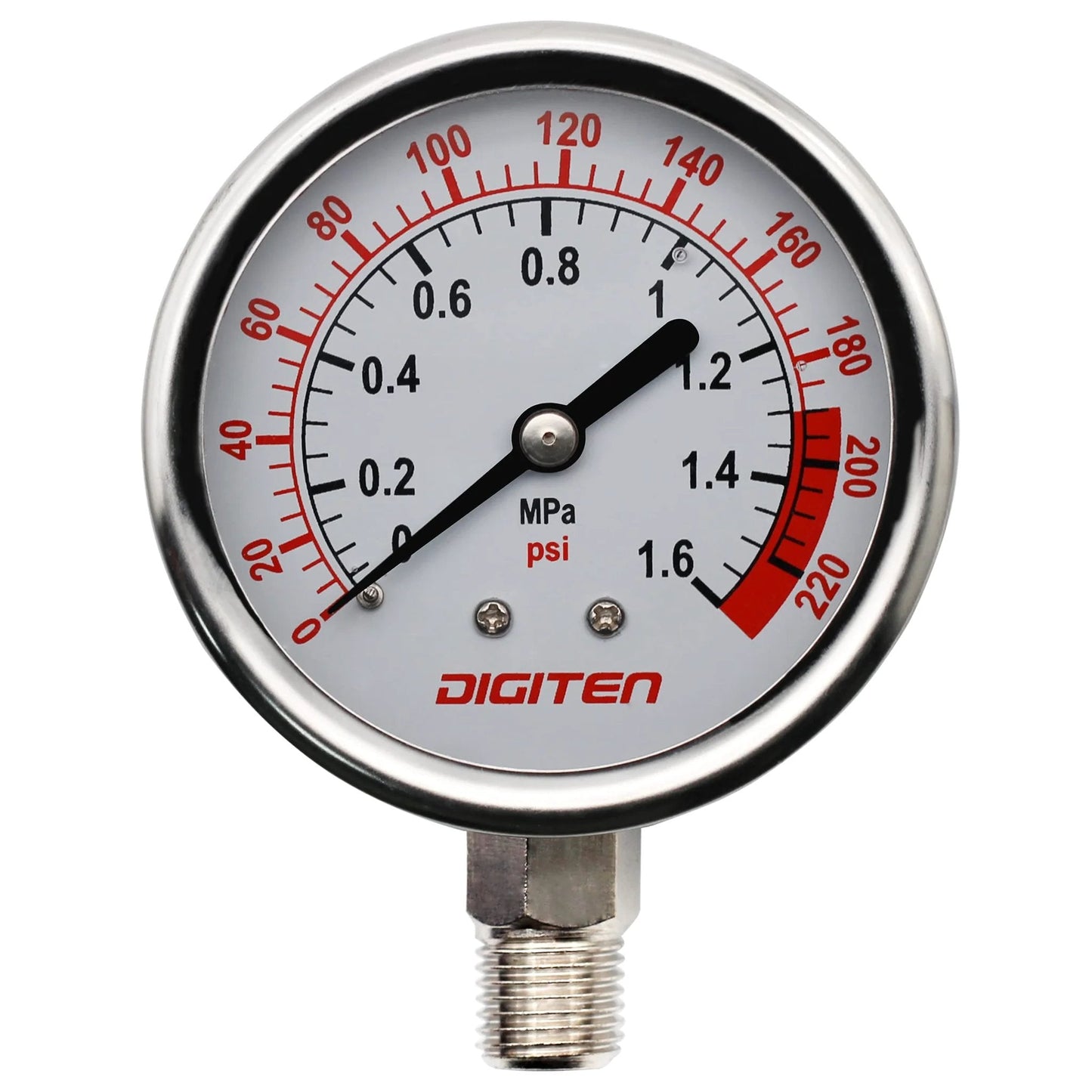 Water Pressure Gauge for Reverse Osmosis System, 0 to 1.6 MPa (0 to 220 psi), Two Inch Dial, Stainless Steel