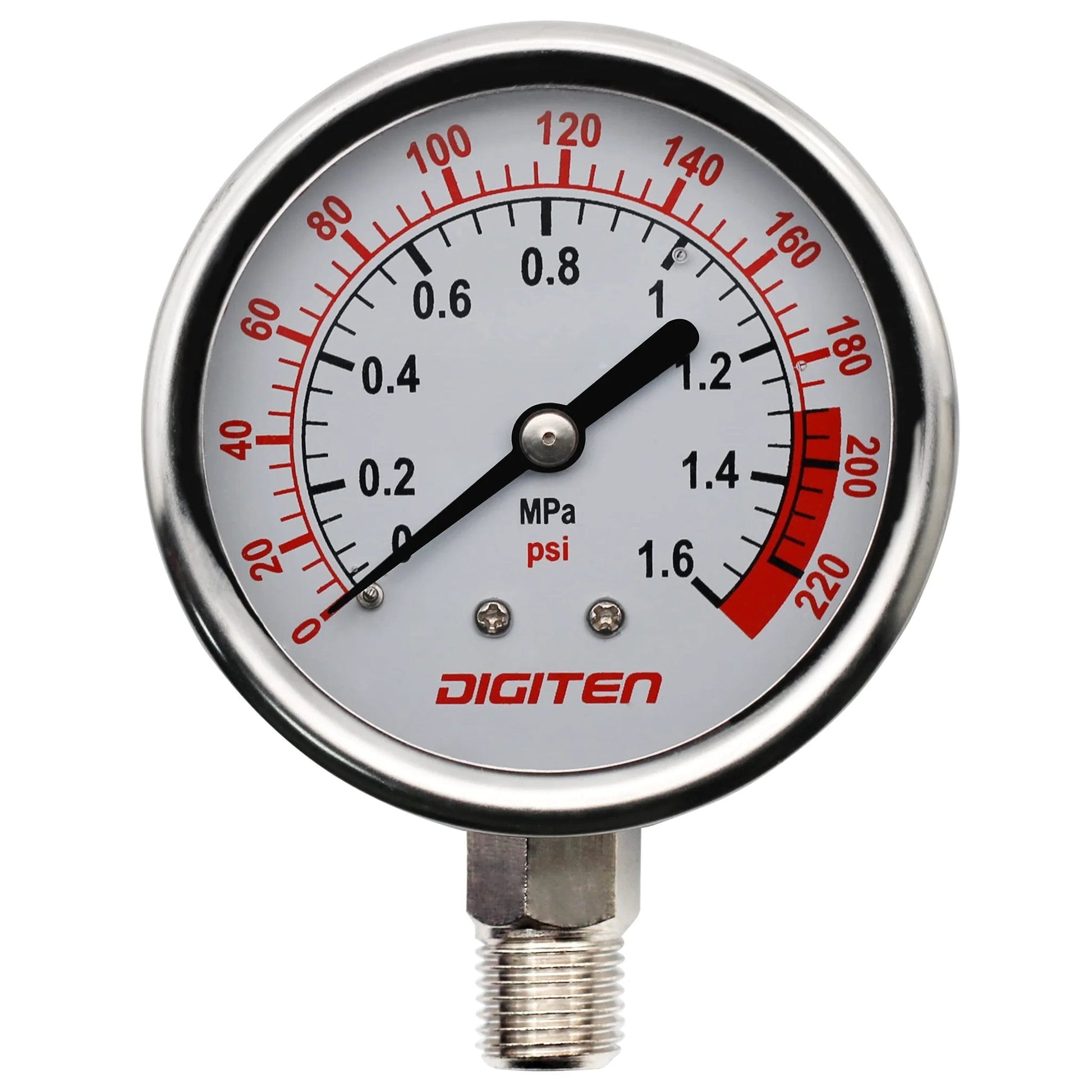Water Pressure Gauge for Reverse Osmosis System, 0 to 1.6 MPa (0 to 220 psi), Two Inch Dial, Stainless Steel