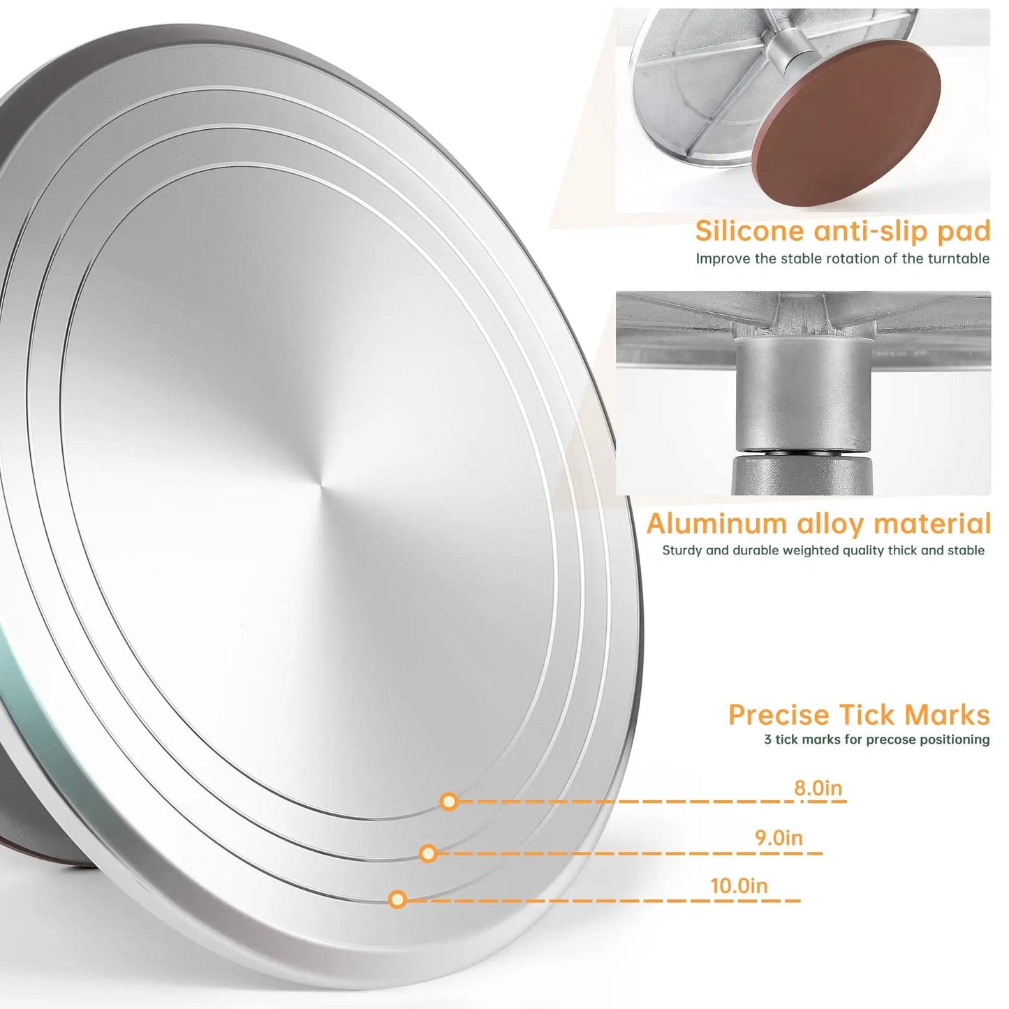 12 Inch Aluminum Cake Turntable Decorating Stand With Rotating Cake Stand Go To Kit For Cakes And Pastries Including Leveler Icing Comb Set 8 Pro Grade Decorating Tips Reusable Coupler And 10 Disposable Pastry Bags featuring silicone anti-slip pad and precise tick marks.
