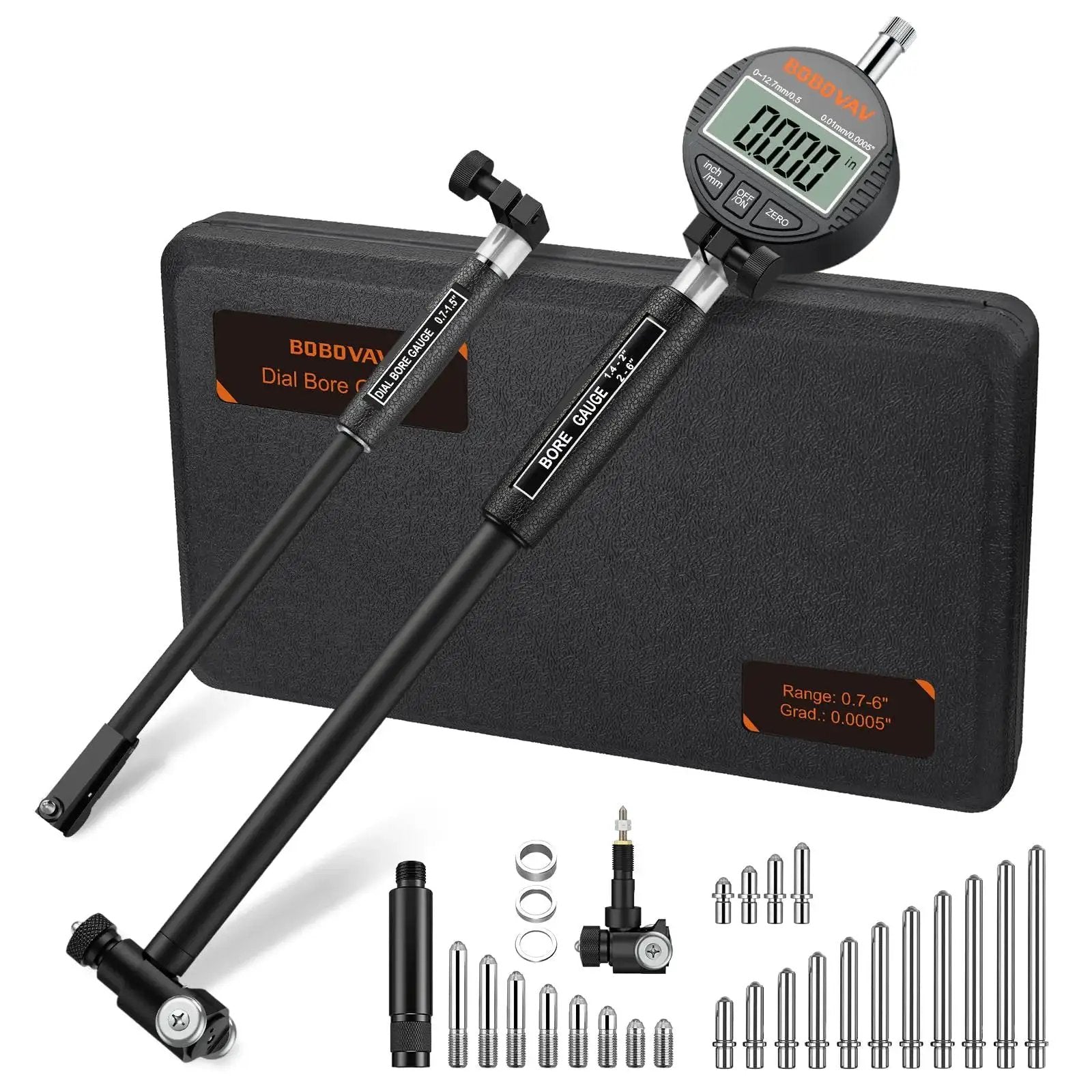 Digital Dial Bore Gauge Set 0.7 to 6 Inch Range with 150mm Depth displayed with 23 anvils and carrying case