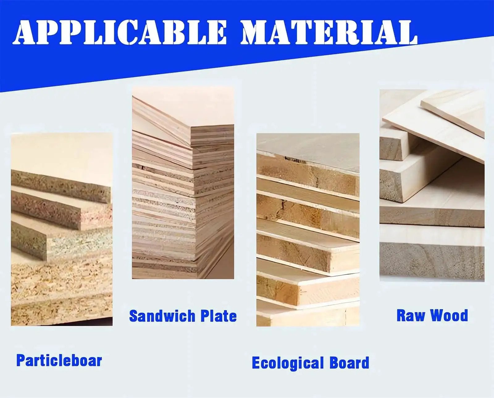 Various types of wood materials, including particleboard, sandwich plate, ecological board, and raw wood, for woodworking projects.