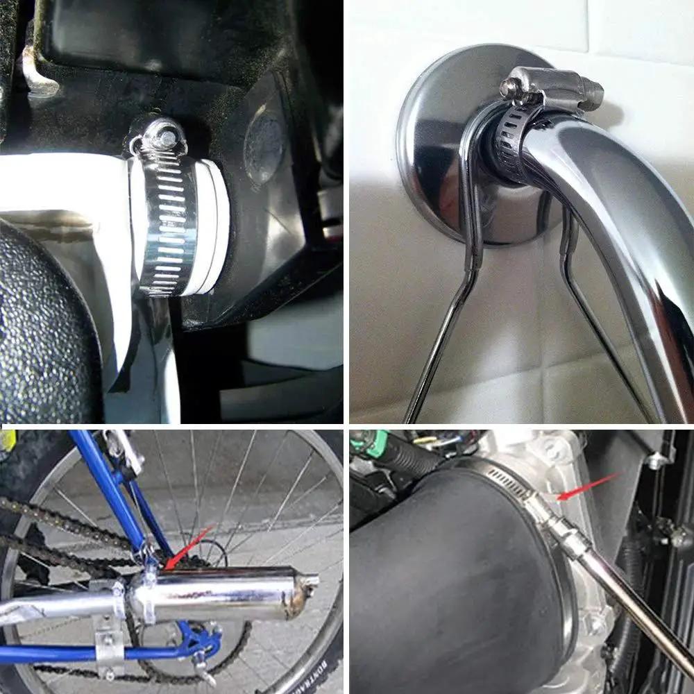 Collage showing Heavy Duty Stainless Steel Hose Clamp Set For Marine And Auto Use 25 Pack 16-25mm 5/8-1 Inch Adjustable Worm Gear Clamps Corrosion Resistant 304 Stainless For Fuel Lines Water Pipes And More By ZIPCCI installed on pipes.