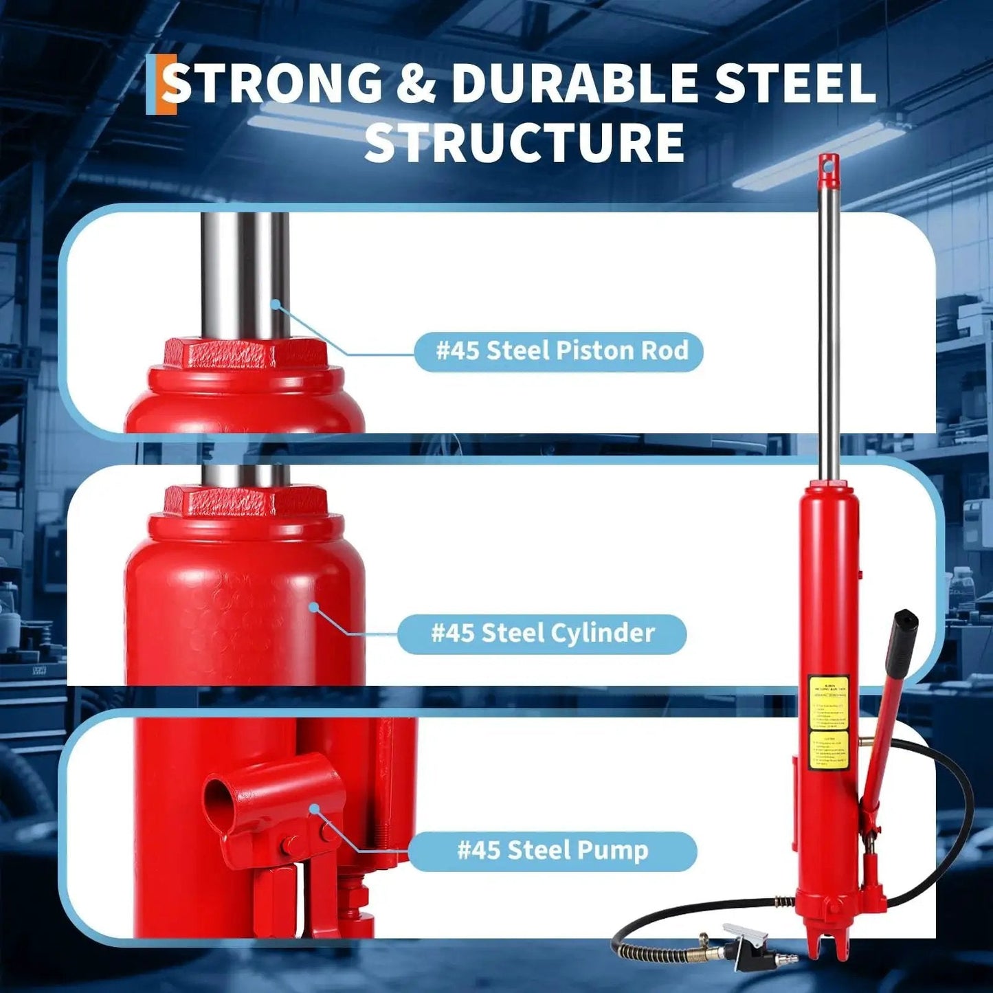 8 Ton Air Hydraulic Long Ram Jack For Engine Hoists And Cranes Clevis Base, showing steel piston rod, cylinder, and pump
