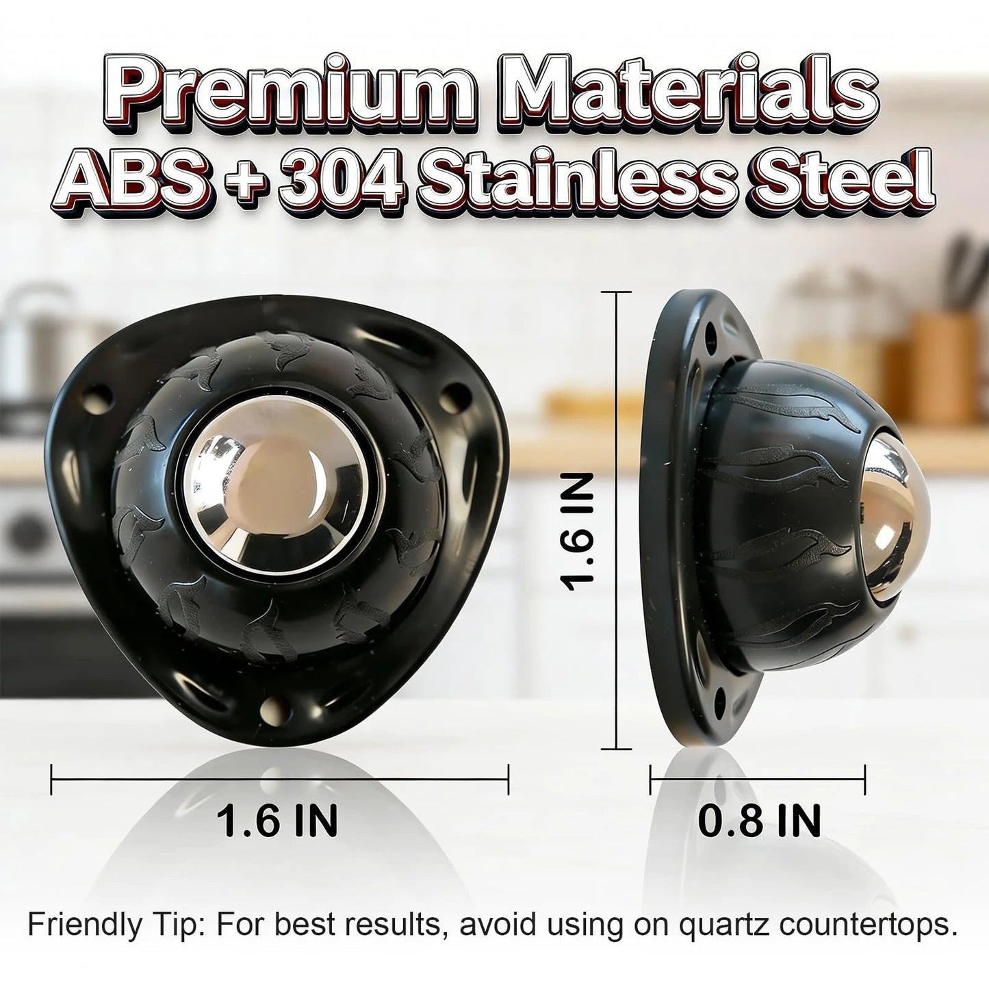 Black Stainless Steel Self Adhesive Caster Wheels 4 Pack Large Profile Swivel Ball Casters with dimensions and materials shown