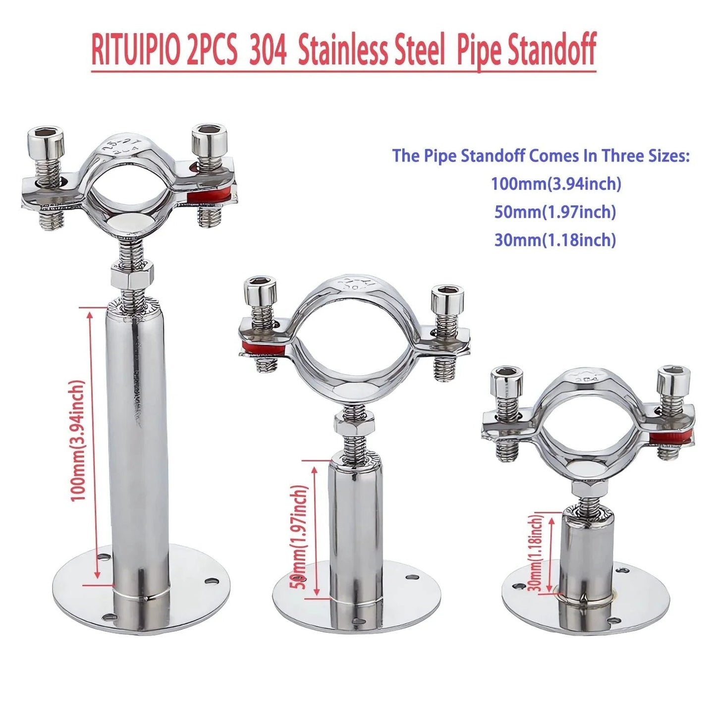RITUIPIO 2pcs 304 stainless steel pipe standoff in three sizes, showcasing adjustable height and durable construction.