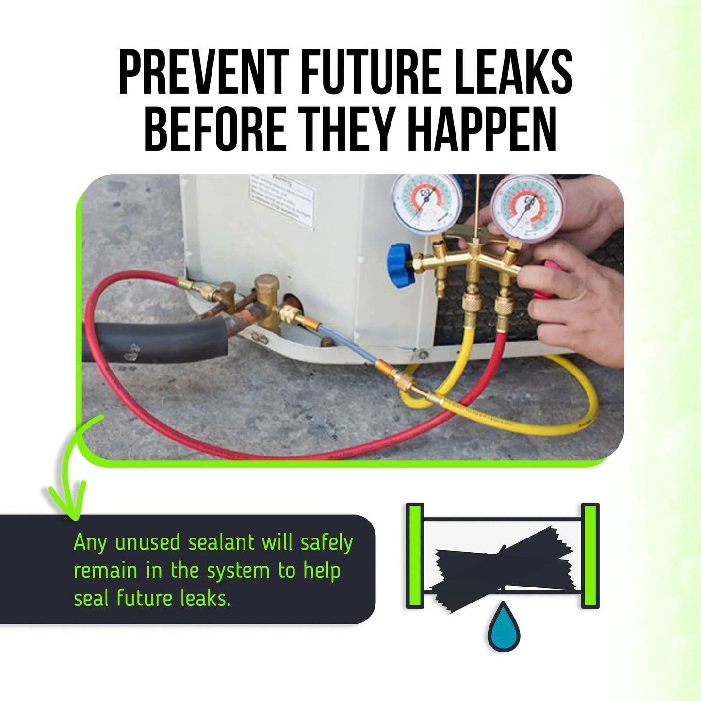 Direct Inject AC Leak Sealer For Permanent Refrigerant Leaks In Most HVAC Setups Up To 5 Tons, technician using tools on HVAC unit