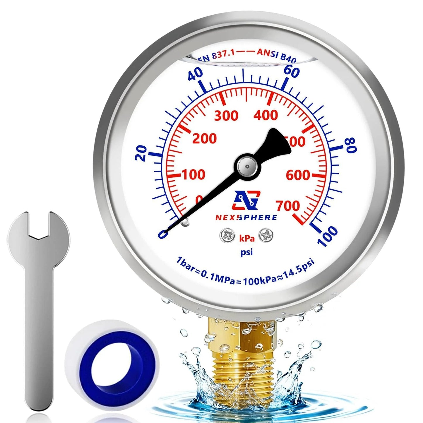 0 To 100 PSI Liquid Filled Pressure Gauge With 2.5 Inch Dial, 1 Quarter Inch NPT Lower Mount, 304 Stainless Steel Case, Glycerin Filled Plumbing Gauge For Home Air Oil Water Pressure Testing