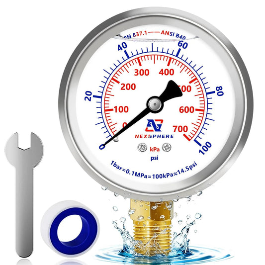 0 To 100 PSI Liquid Filled Pressure Gauge With 2.5 Inch Dial, 1 Quarter Inch NPT Lower Mount, 304 Stainless Steel Case, Glycerin Filled Plumbing Gauge For Home Air Oil Water Pressure Testing