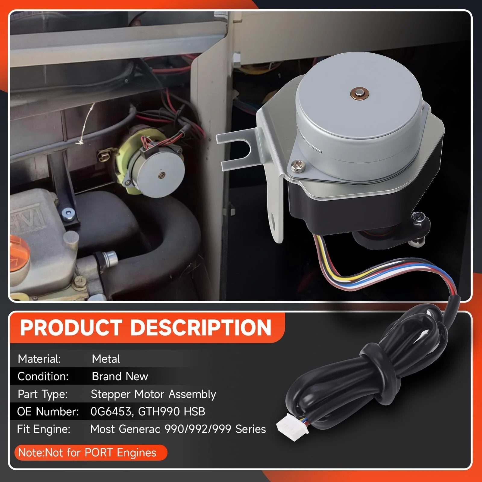 Dialed In Stepper Motor Assembly For Generac Guardian GTH990 HSB Generators, Compatible With 990 992 999 Series, Replaces 0G6453 GTH990 HSB, Precise Frequency Control For Stable, Efficient Power Delivery, shown in metal with wiring.
