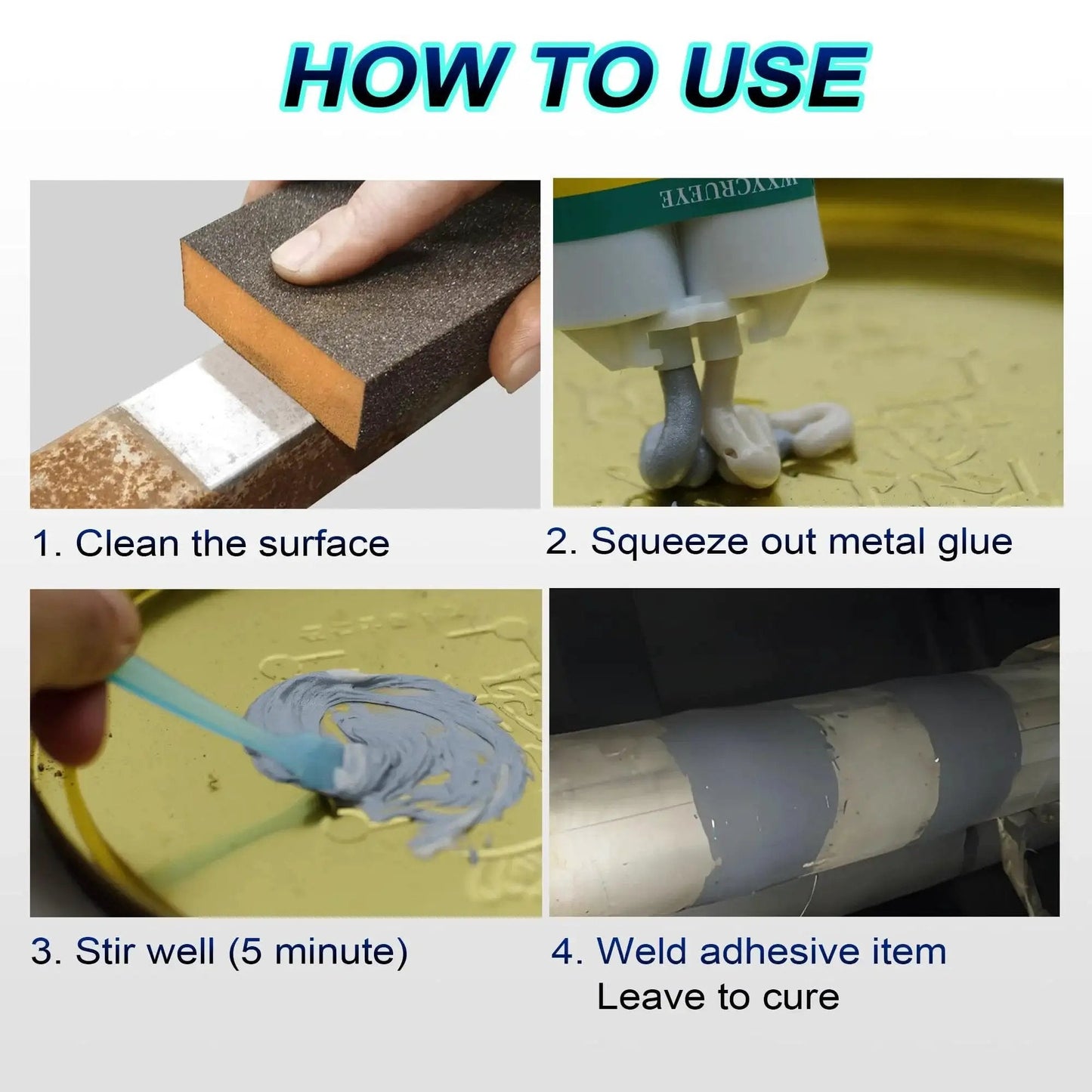 Step-by-step guide for using Heavy Duty Waterproof Metal Glue For Metal Repair And Bonding, High Strength Epoxy Adhesive For Metal Plastic Ceramic PVC And Fiberglass, Heat And Corrosion Resistant, Includes Mixing Syringe And Applicator, 1.76 Ounce Bottle.