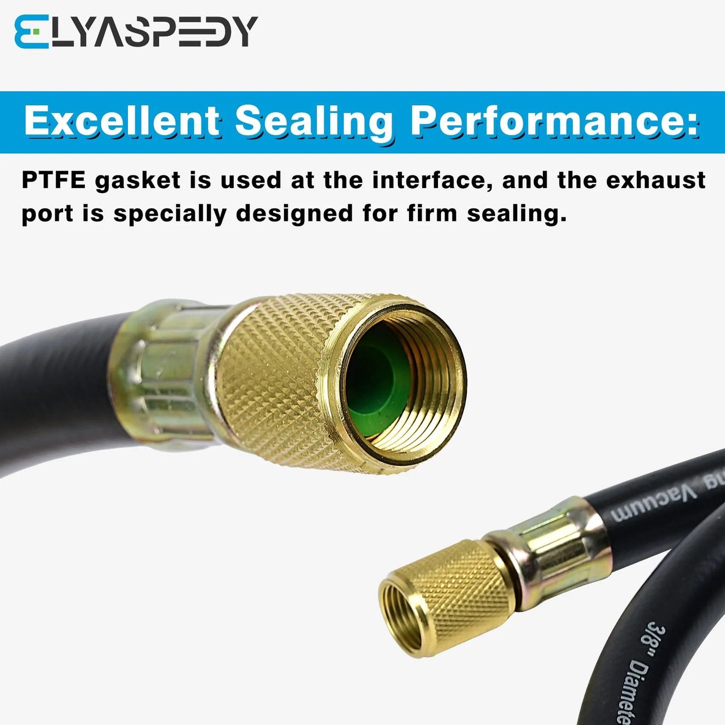 Close-up of Upgrade Vacuum Hose Three Eighths Inch By Five Feet With Three Eighths By Three Eighths Fittings, black, gold fittings