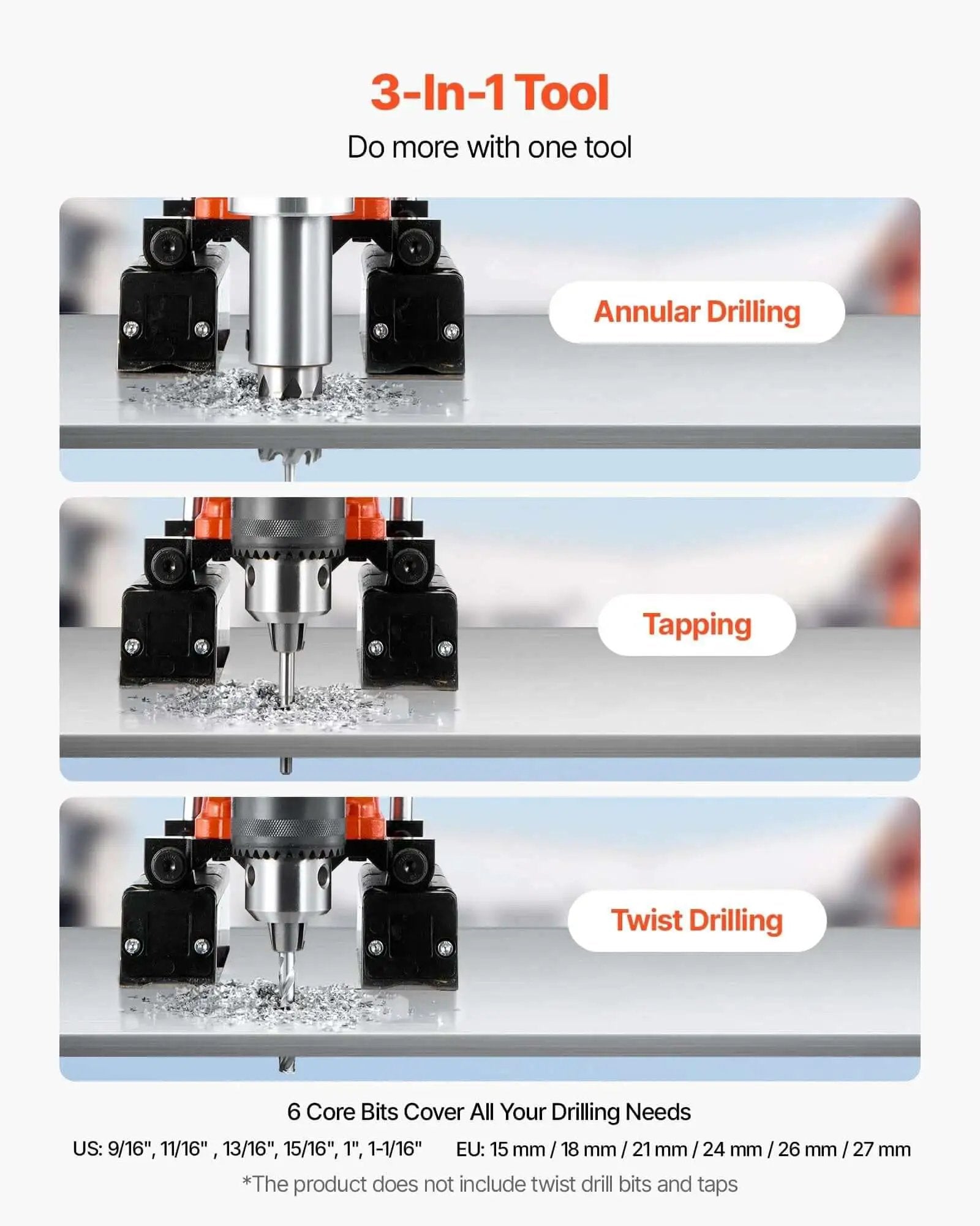 Magnetic Drill Press Workhorse With 1400W Power 2 Inch Boring Diameter 0 To 750 RPM Variable Speed Reversible Direction Includes 6 Core Bits Electric Mag Drill For Industrial And Home Improvement Projects showing 3-in-1 tool functions: annular drilling, tapping, twist drilling.