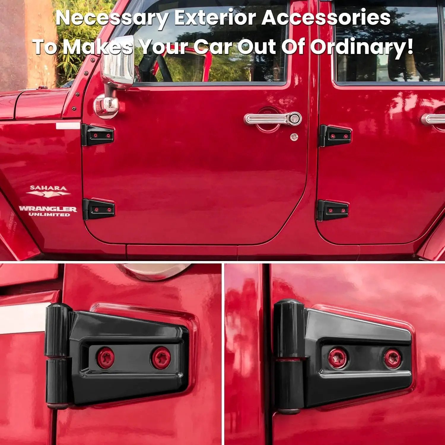 Black Door Hinge Trim Kit for Wrangler JK JKU 2007-2018 Black 8 Piece installed on red Jeep exterior